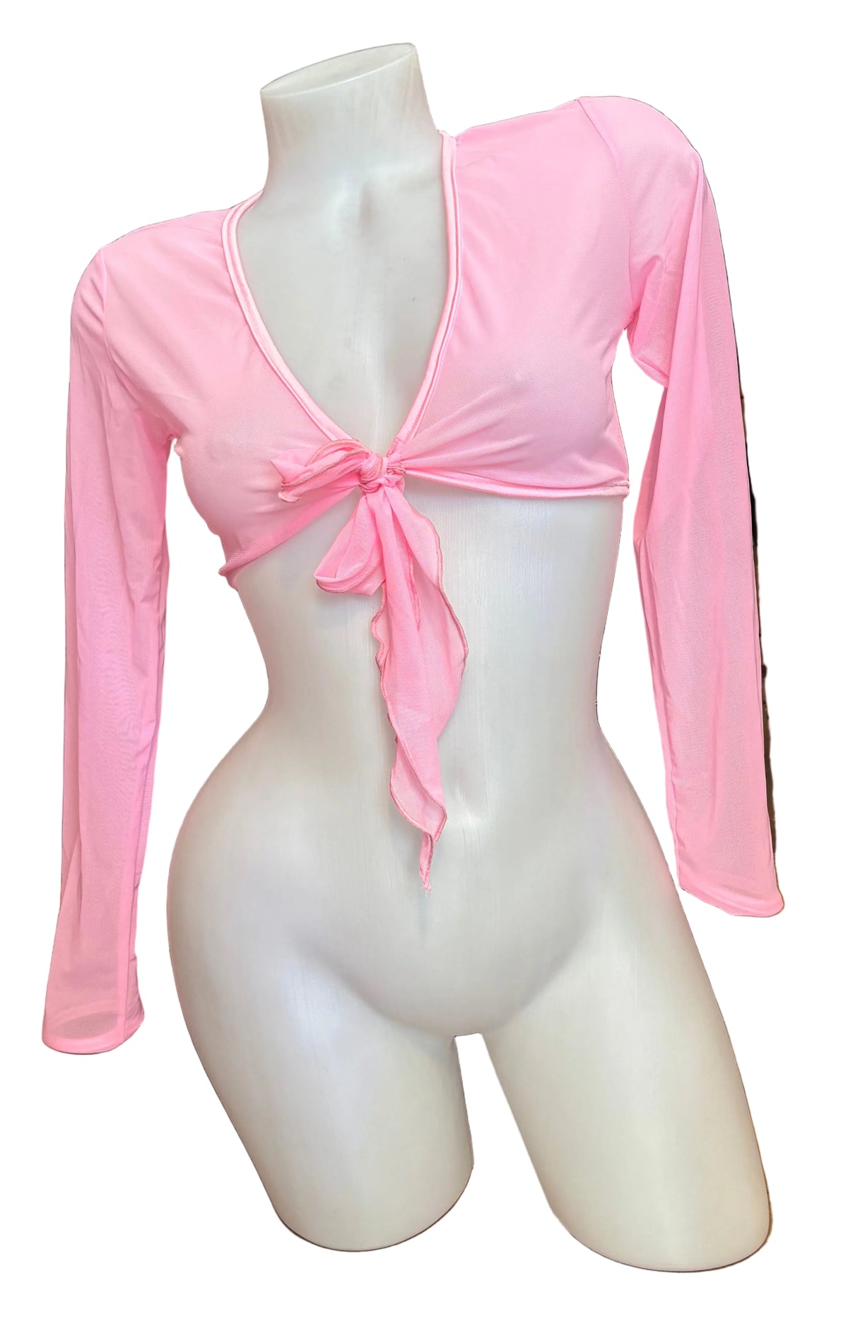 Sleeved Front Tie Crop Top Mesh Baby Pink