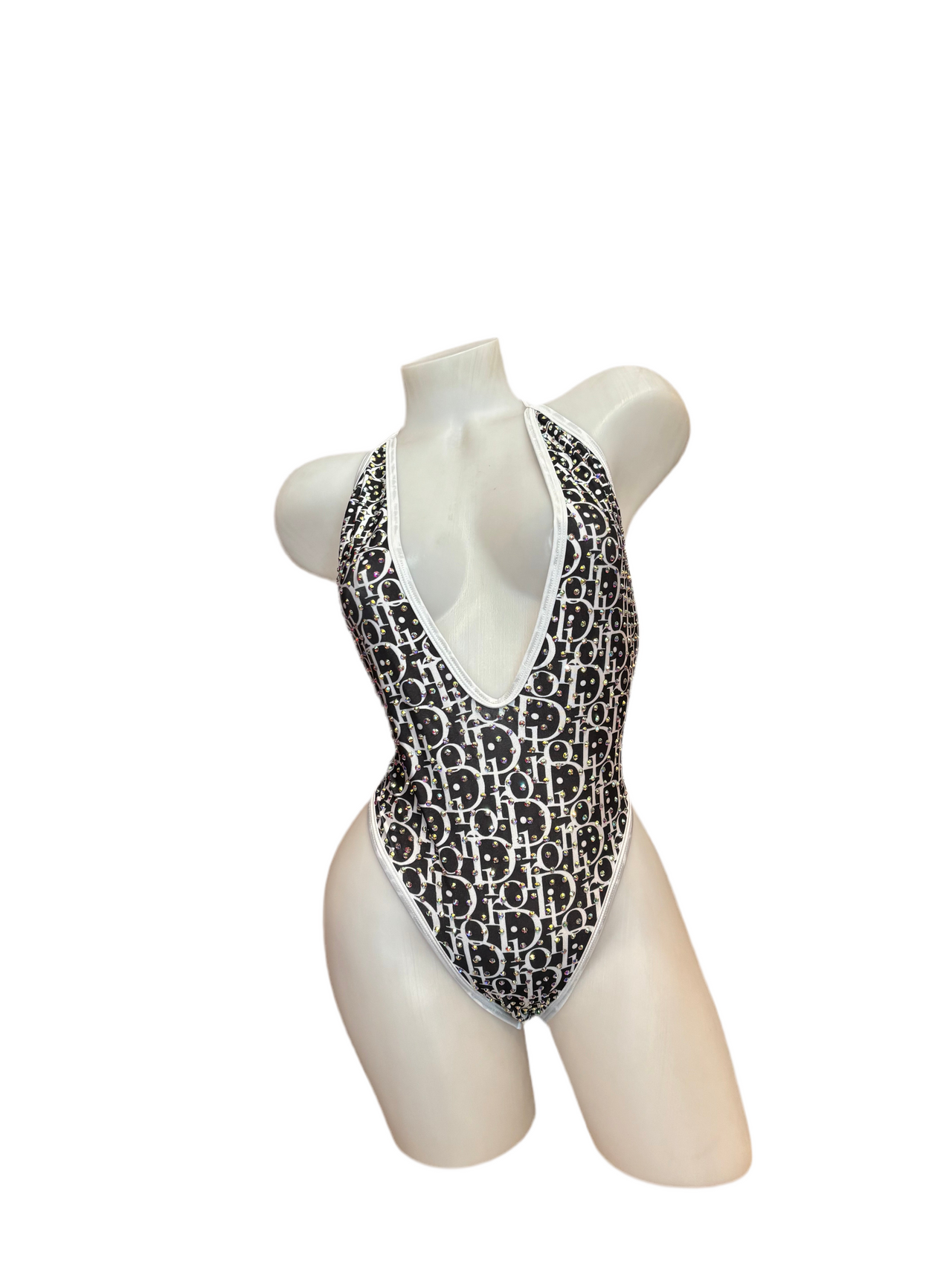Rhinestone One Piece Bodysuit Design White/Black - Model Express Vancouver