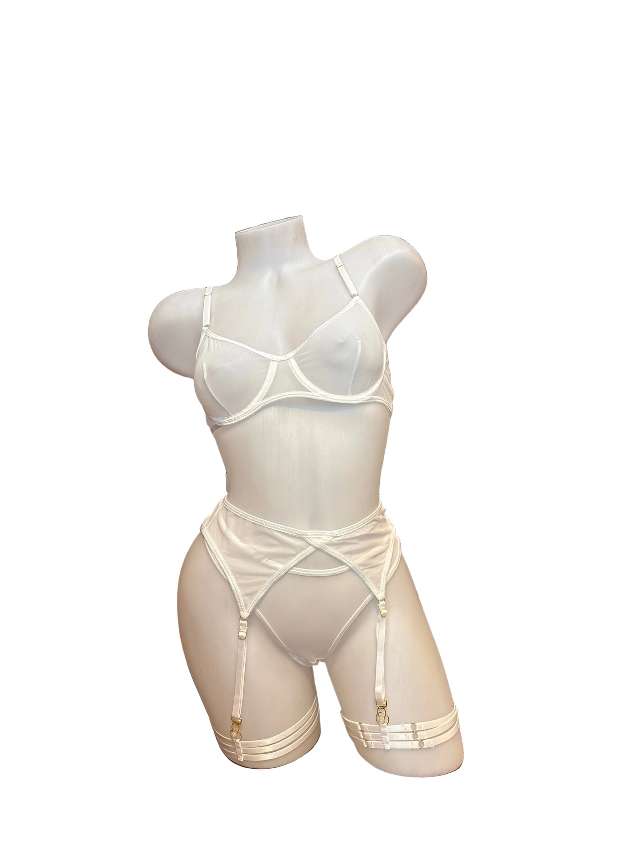 Underwire Bra, Panty and Garter Set White