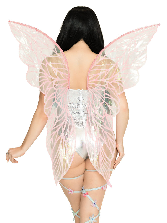 Pink iridescent strapless fairy wings accessory by LA with shimmering, vibrant wing design perfect for costumes or dress-up.