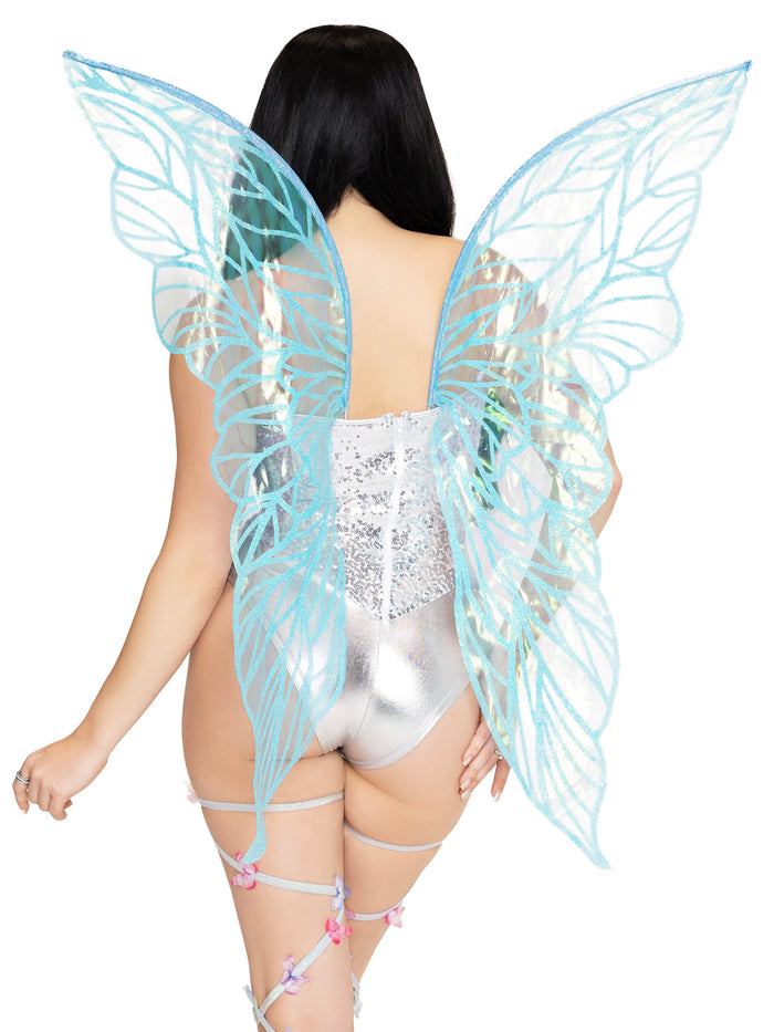 Blue iridescent strapless fairy wings accessory by LA, featuring shimmering, lightweight wings perfect for costumes or dress-up.