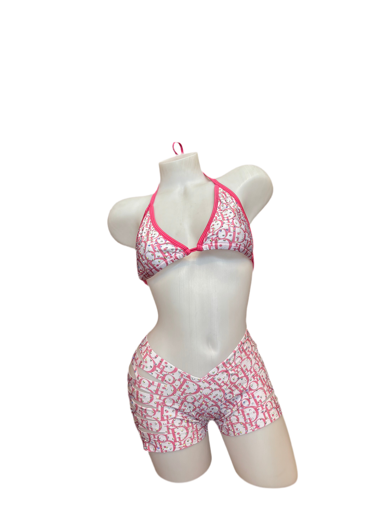 Rhinestone Triangle Top and Cut Out Short Set Designer Pink/White - Model Express Vancouver