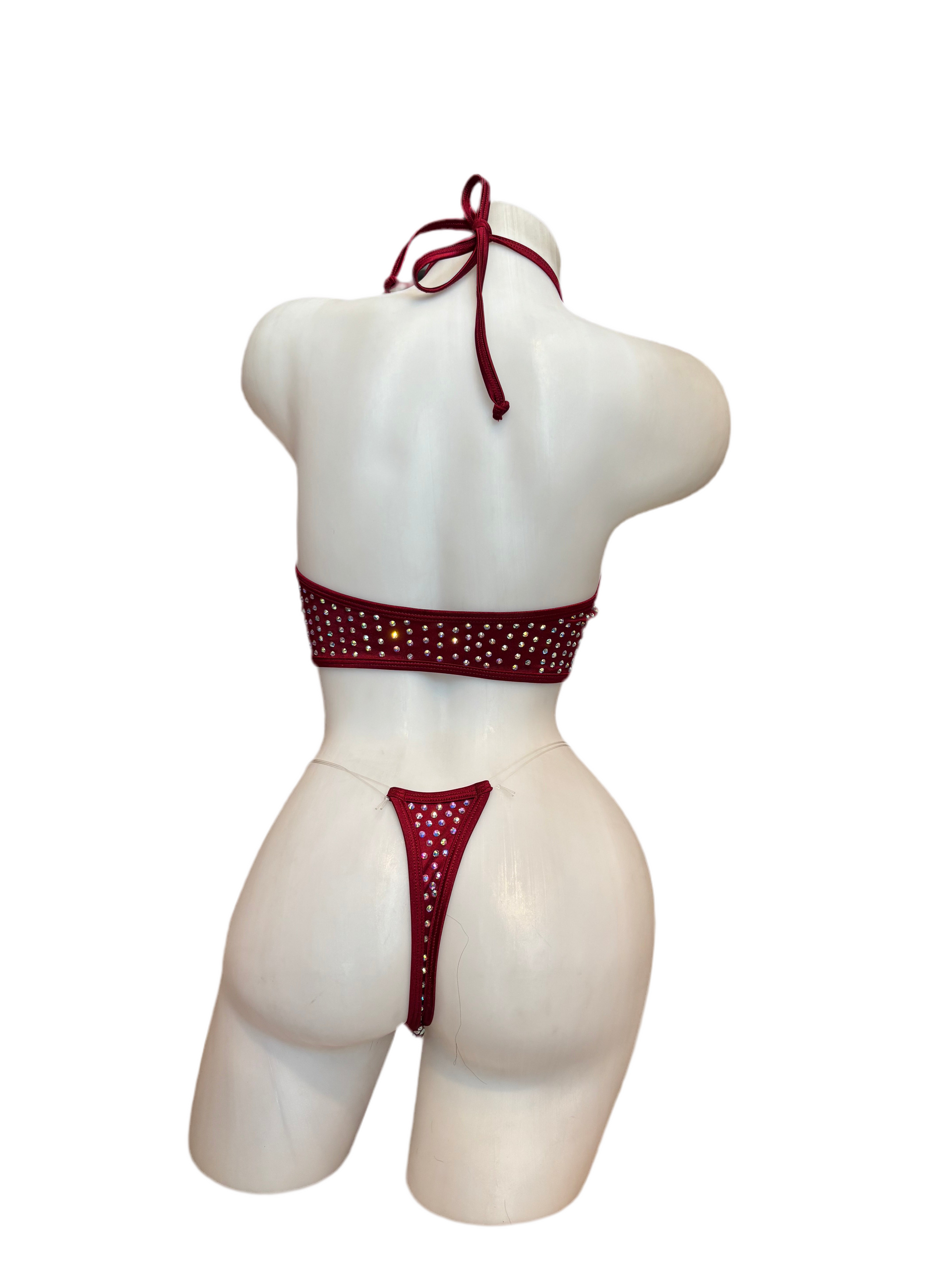 Rhinestone Zig Zag Halter and High Waisted Panty Burgundy - Model Express Vancouver