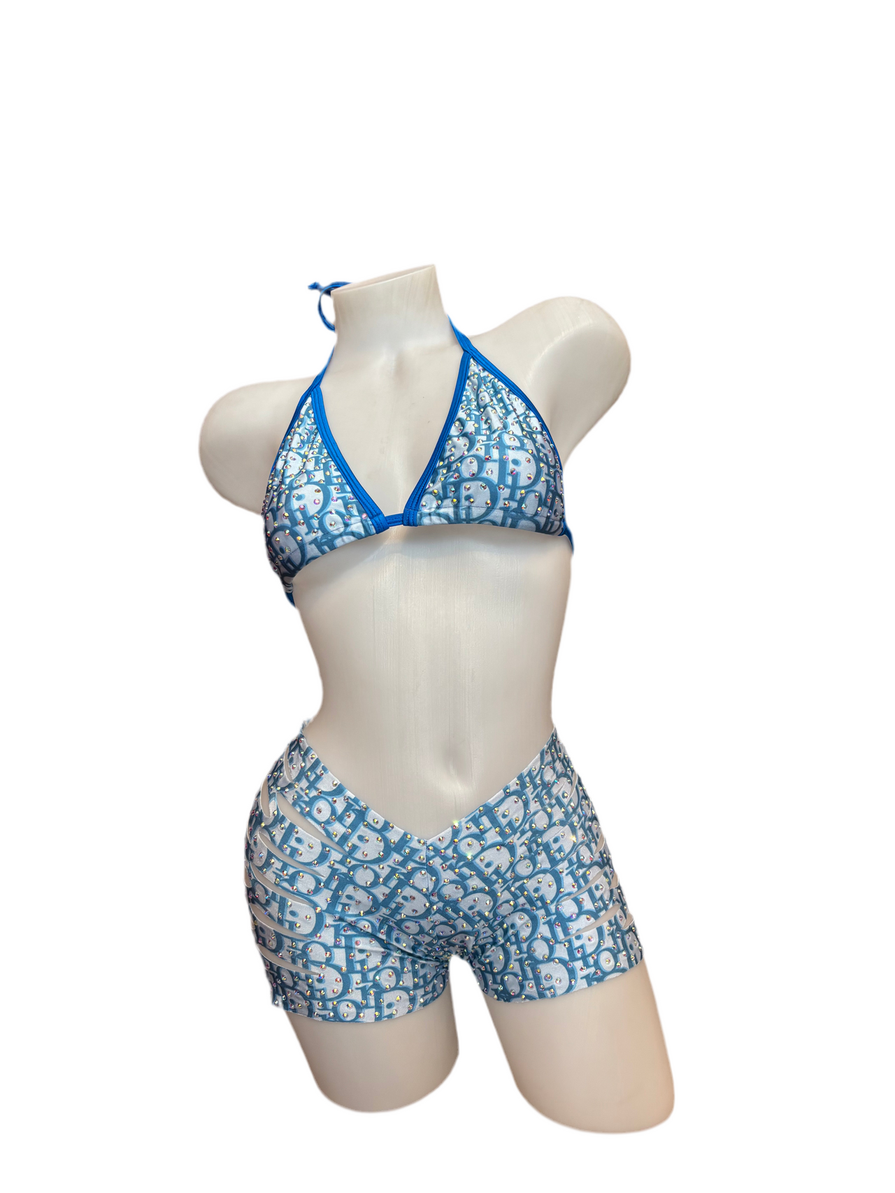 Rhinestone Triangle Top and Cut Out Short Set Designer Blue - Model Express Vancouver