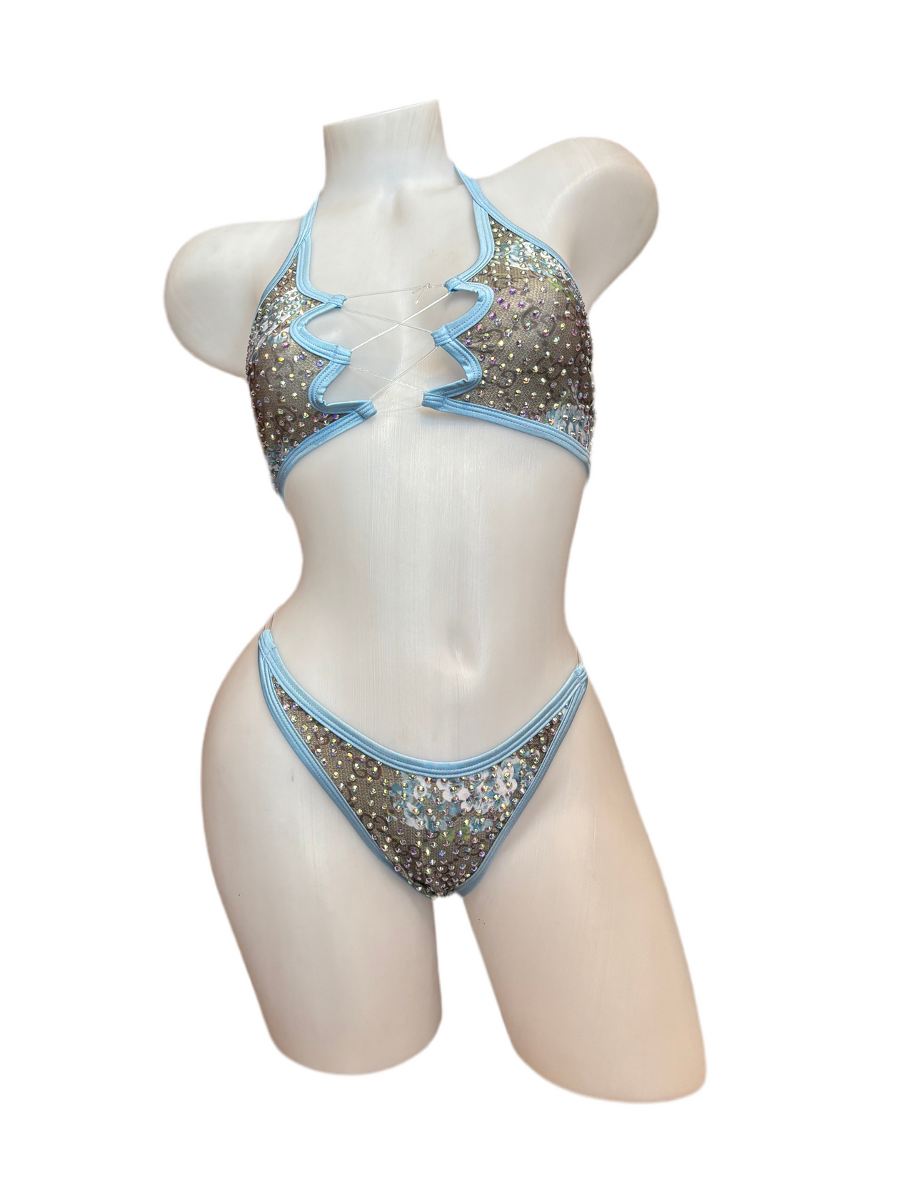 Rhinestone Zig Zag Halter and High Waisted Panty Design Blue - Model Express Vancouver