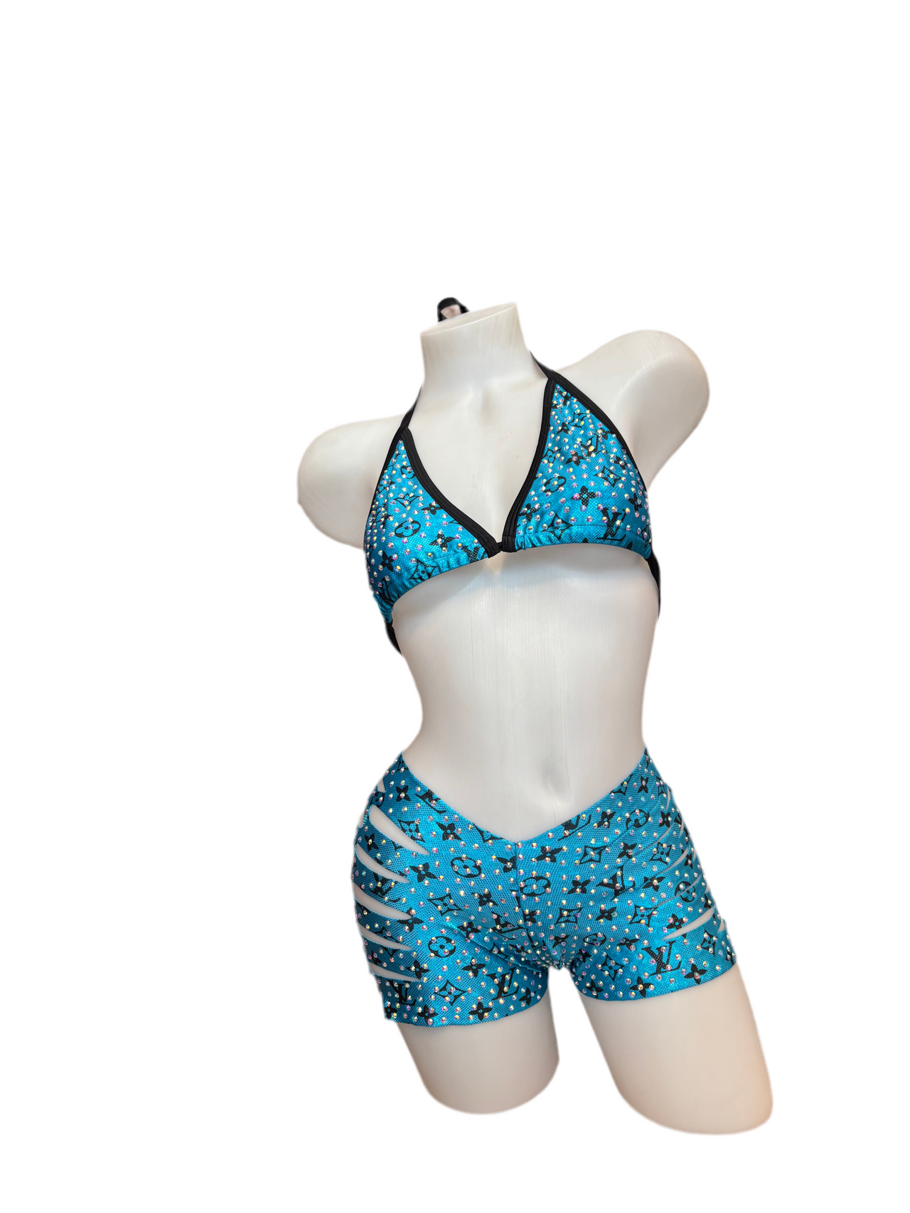 Rhinestone Triangle Top and Cut Out Short Set Designer Metallic Blue - Model Express Vancouver