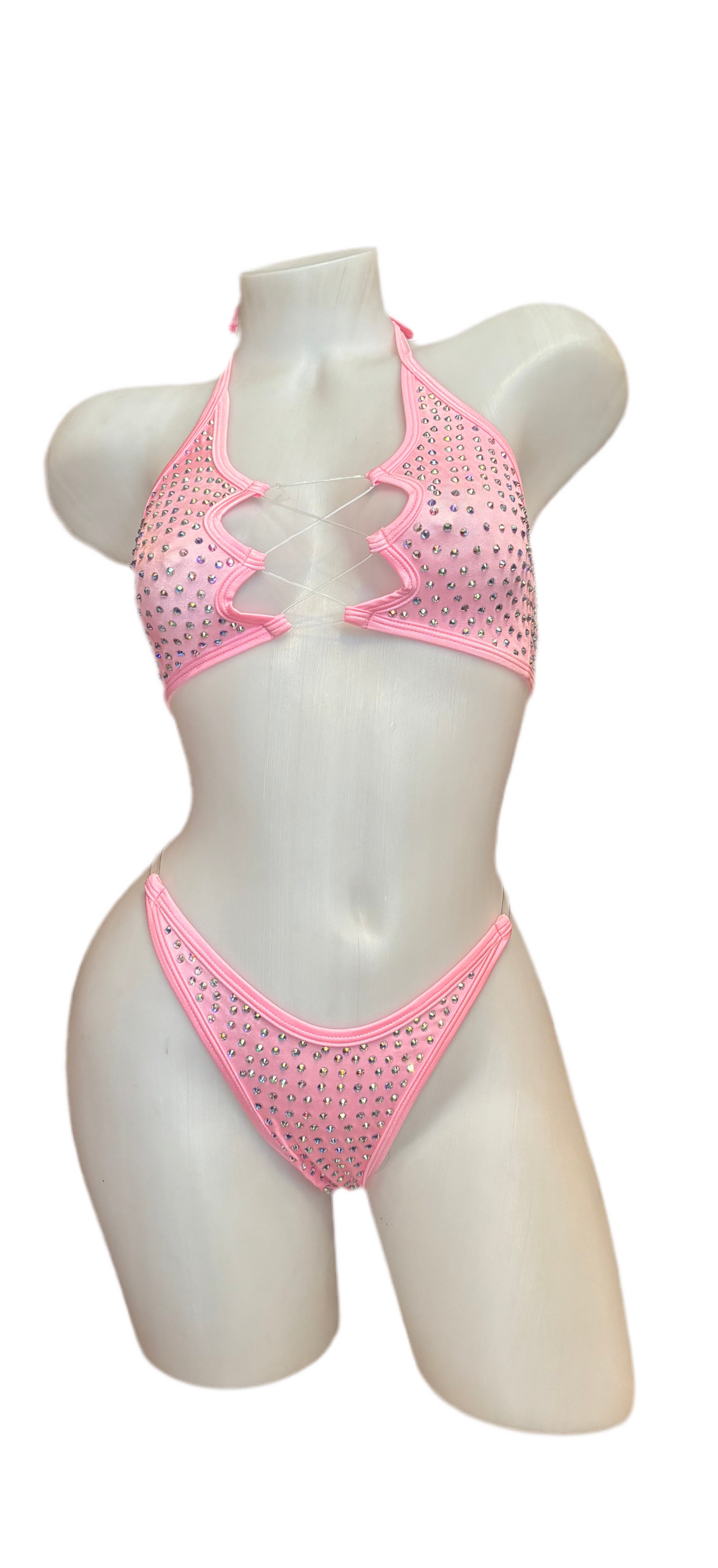 Rhinestone Zig Zag Halter and High Waisted Panty Baby Pink - Model Express Vancouver