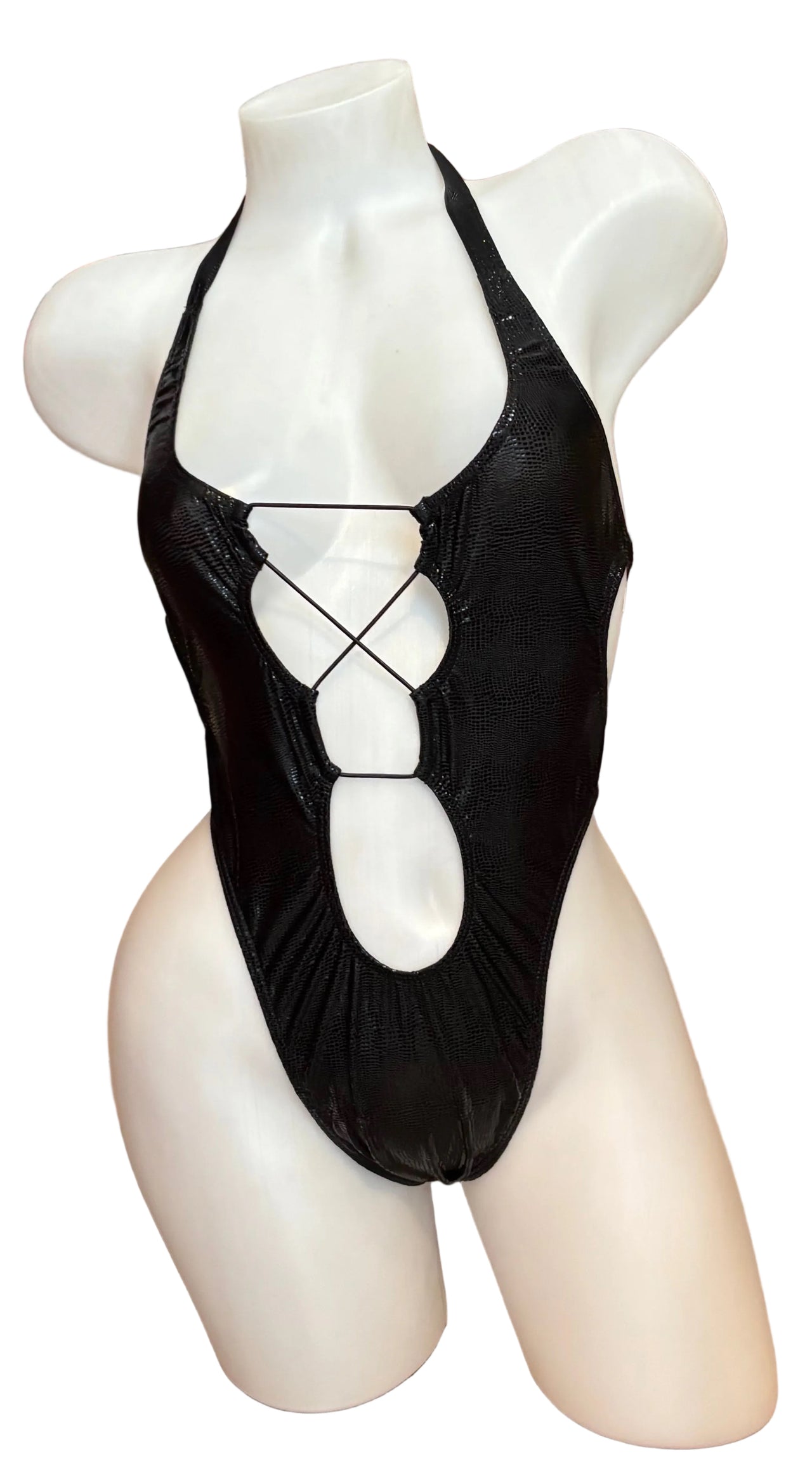 Front Lace Up Bodysuit - Wet Look Black