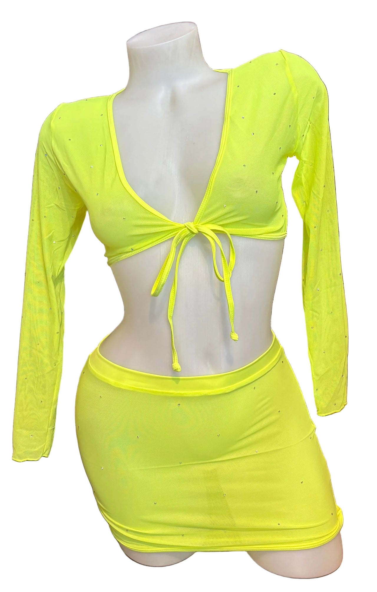 Crystal Mesh Wrap Top and Skirt Set Neon Yellow