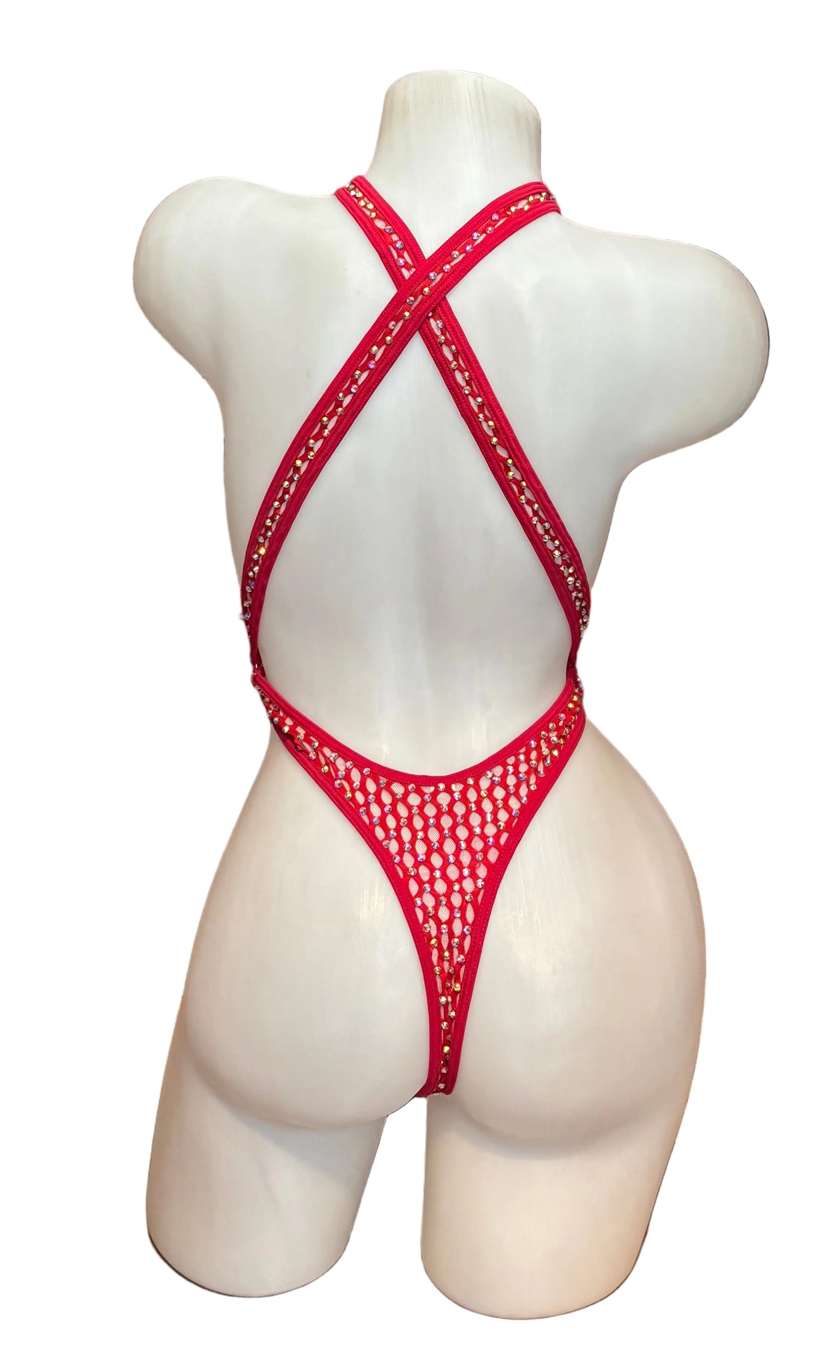 Red rhinestone criss-cross sling shot lingerie by CY featuring sparkling details and a bold, strappy design.