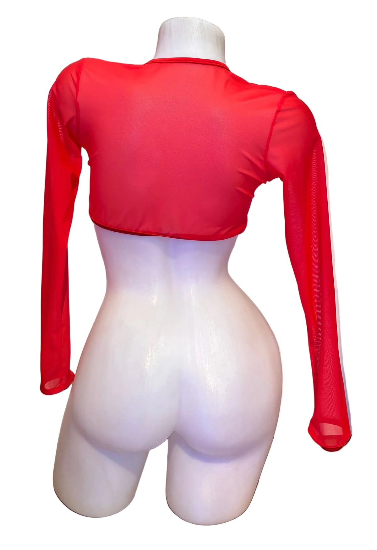 Sleeved Front Tie Crop Top Mesh Red