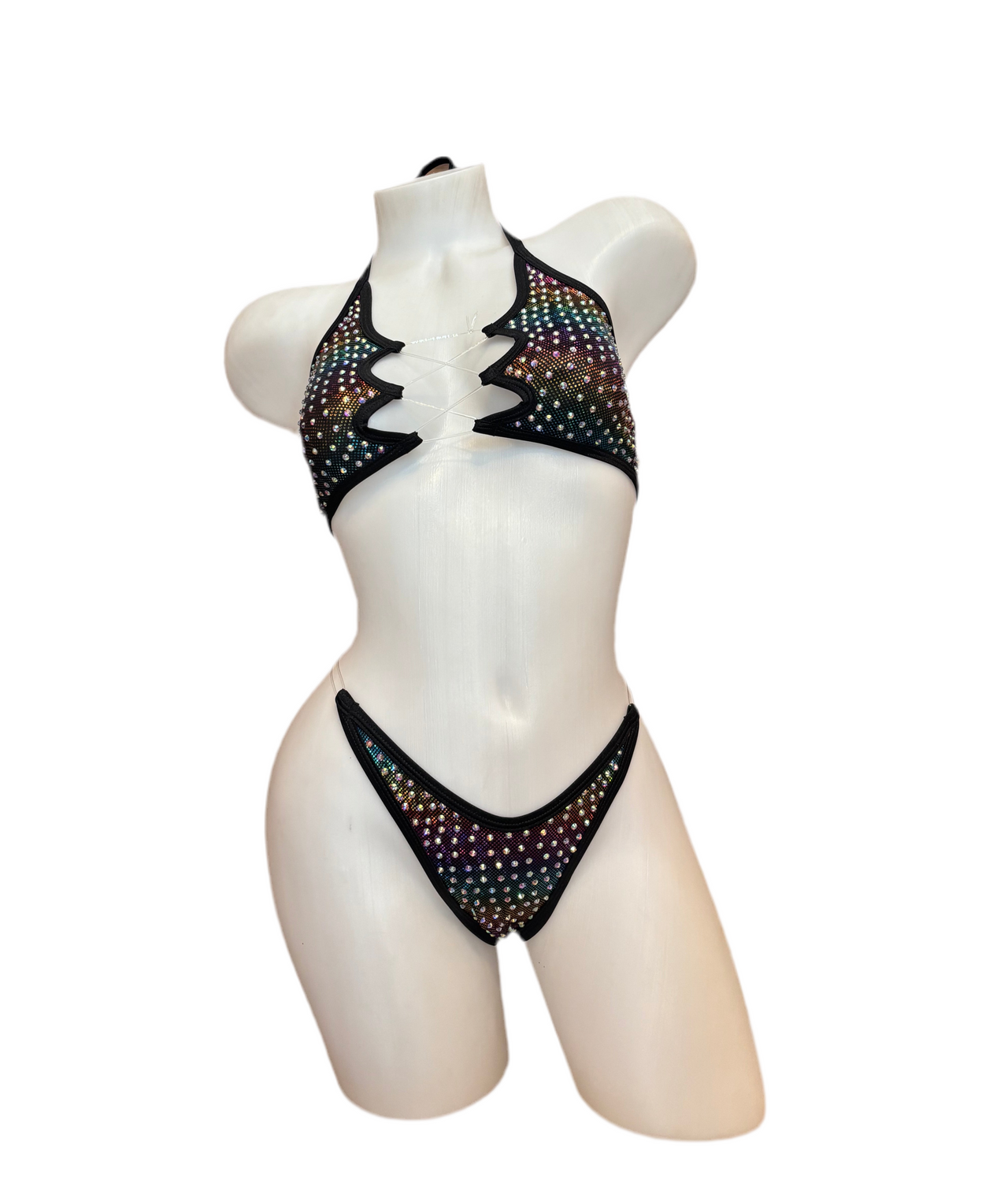 Rhinestone Zig Zag Halter and High Waisted Panty Oil Slick - Model Express Vancouver
