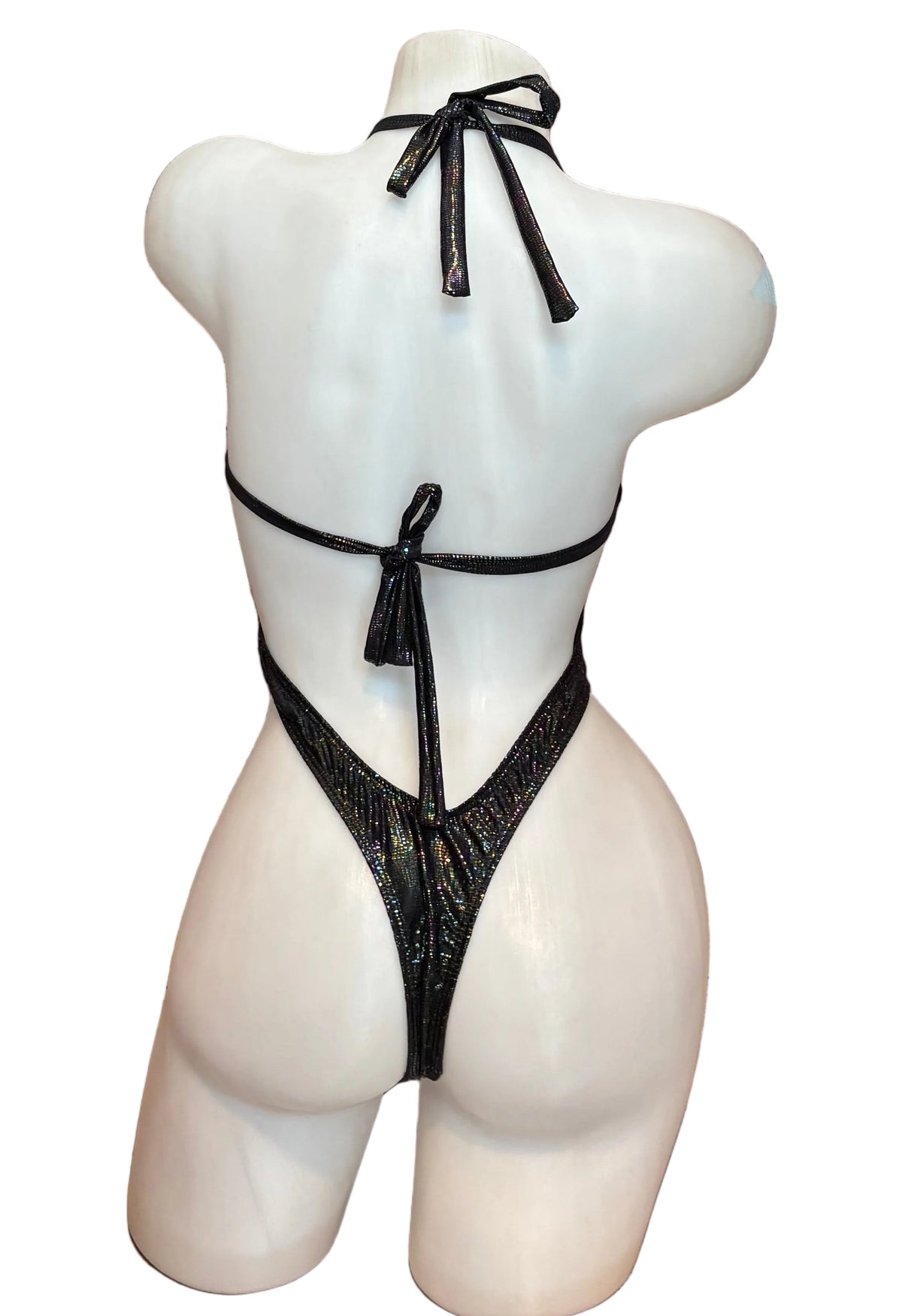 Holographic black front lace-up bodysuit by CY, stylish lingerie with shiny, reflective fabric and intricate lace-up front design.