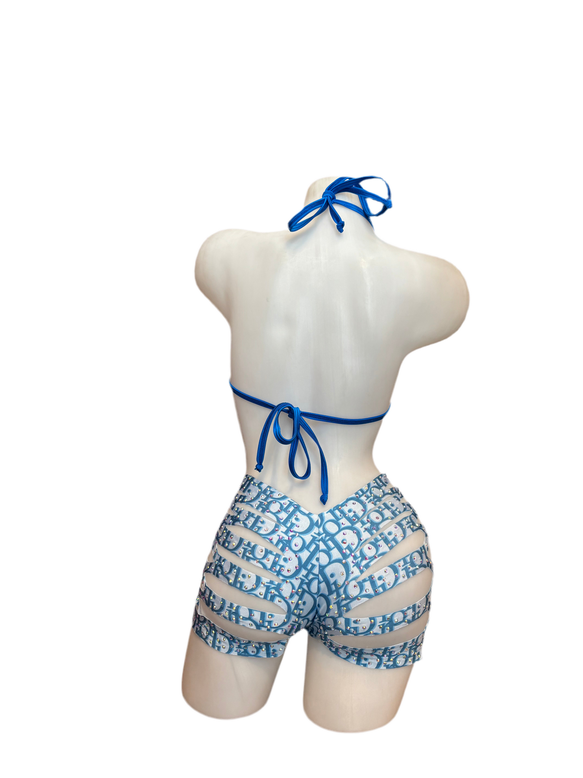 Rhinestone Triangle Top and Cut Out Short Set Designer Blue - Model Express Vancouver