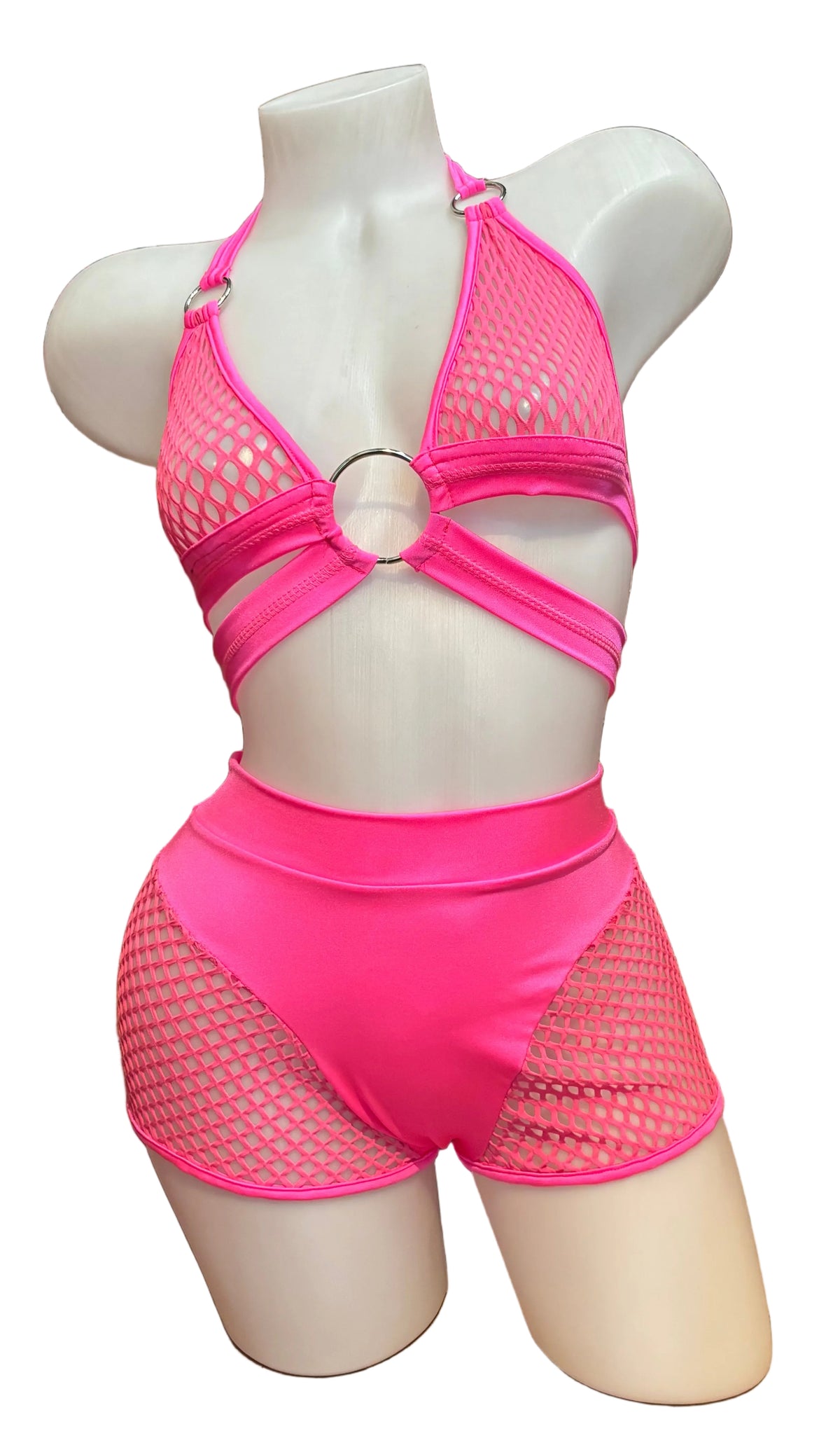 Fishnet Wrap Top and Boyshort Set Neon Pink