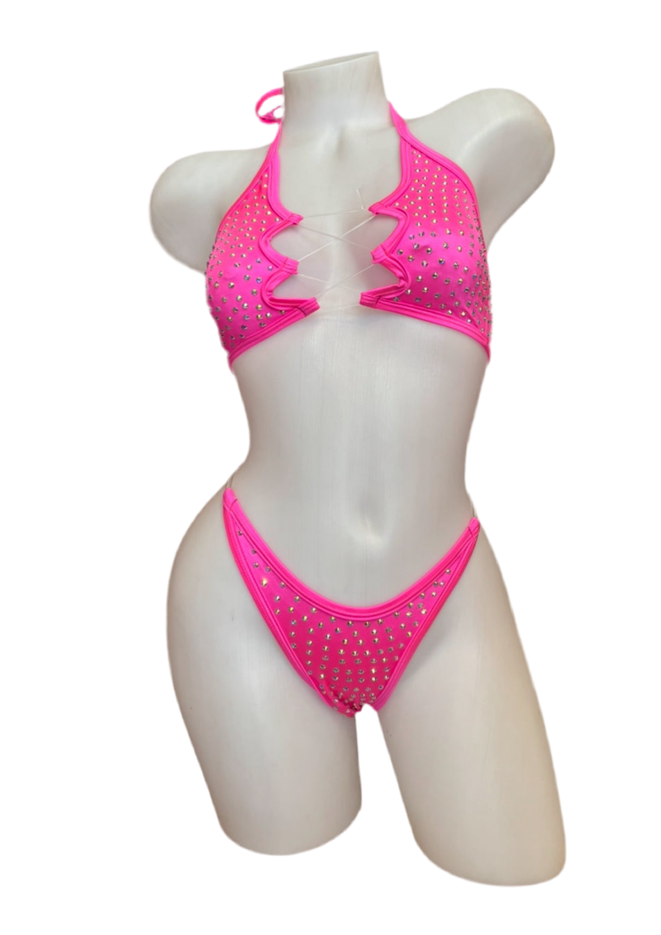 Rhinestone Zig Zag Halter and High Waisted Panty Hot Pink - Model Express Vancouver