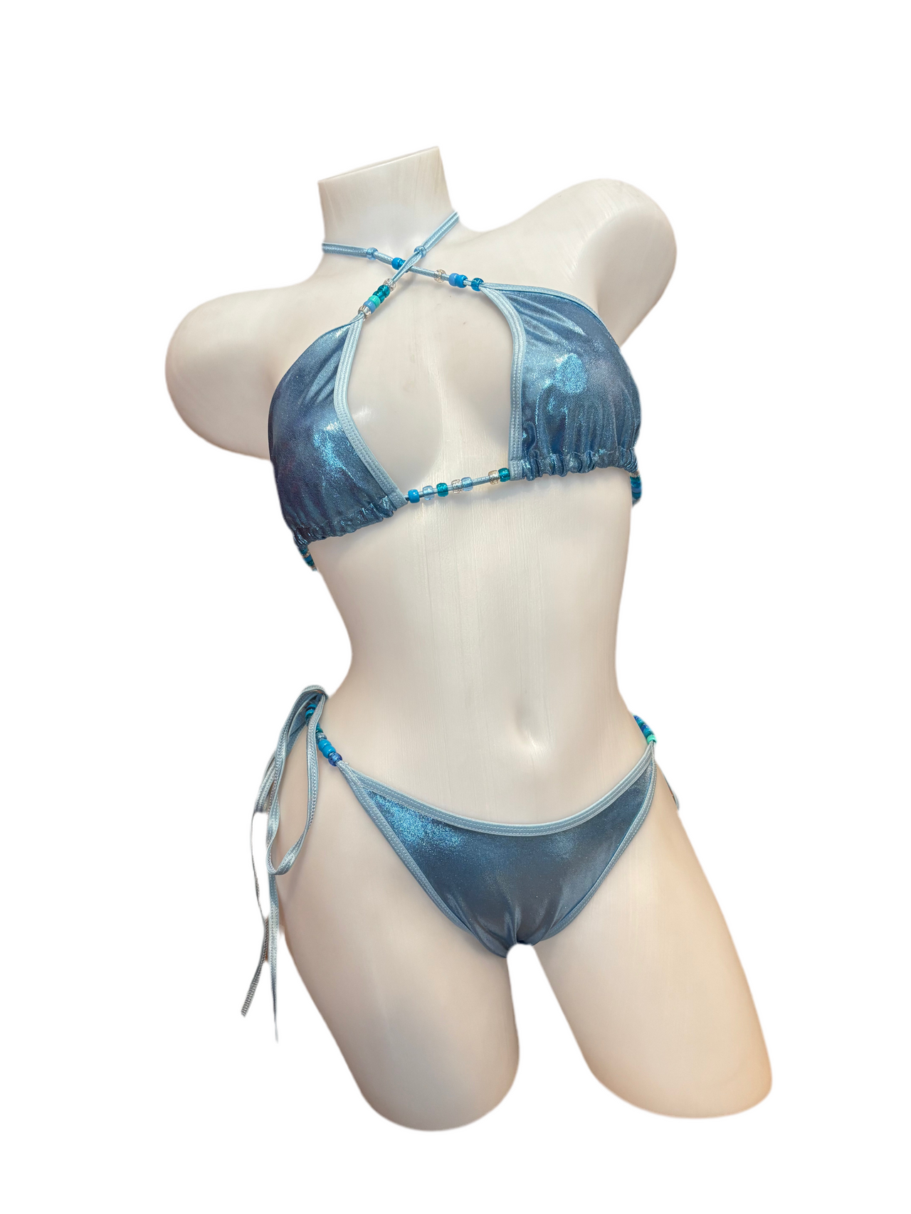 X9 Bikini: Metallic Baby Blue with Pony Beads