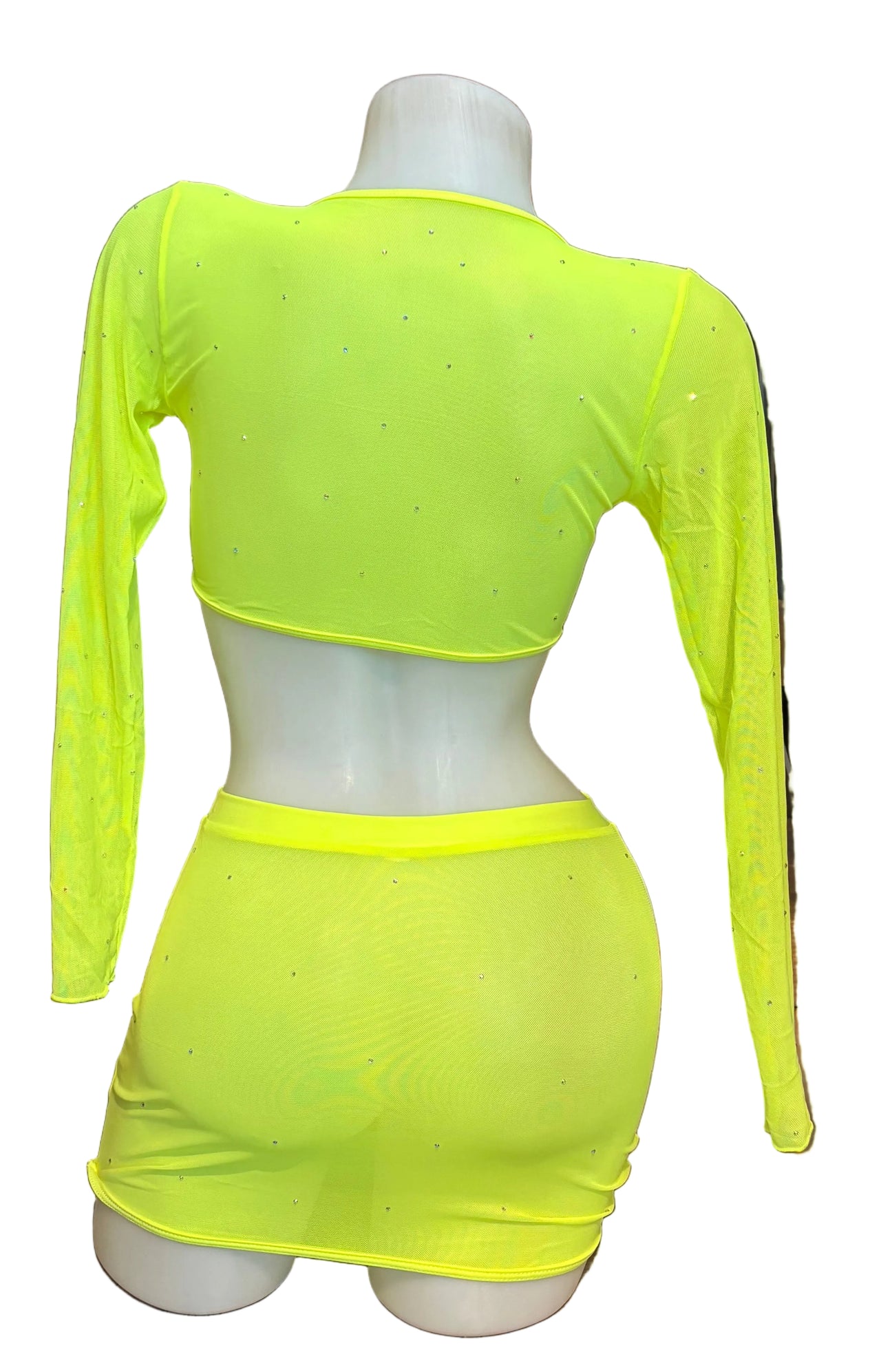 Crystal Mesh Wrap Top and Skirt Set Neon Yellow