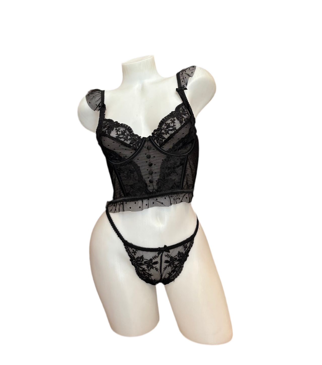 2 PC Lace Underwire Bustier and Panty Set Black