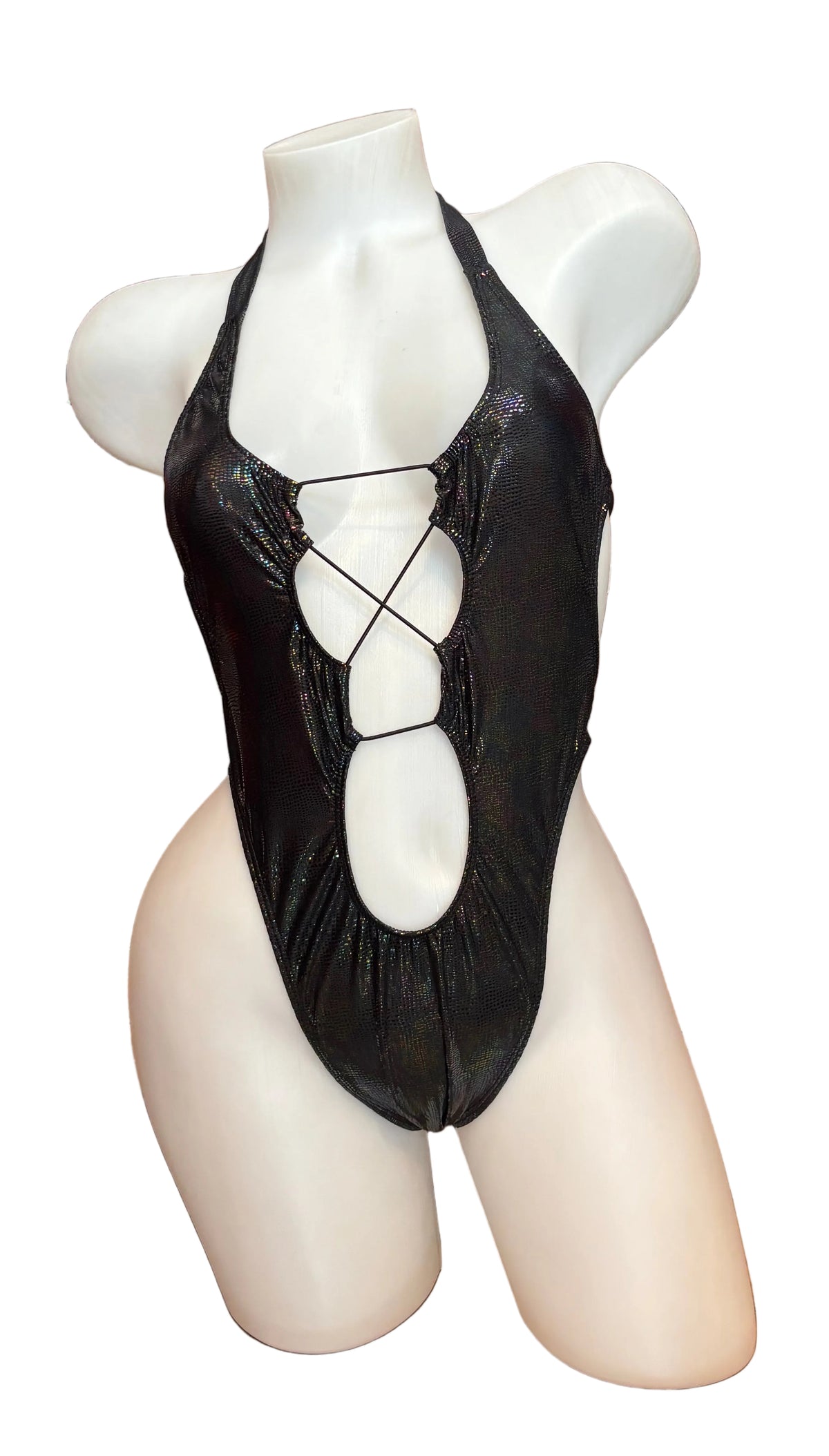 Holographic black front lace-up lingerie bodysuit by CY, featuring shiny holographic fabric and adjustable lace-up front design.
