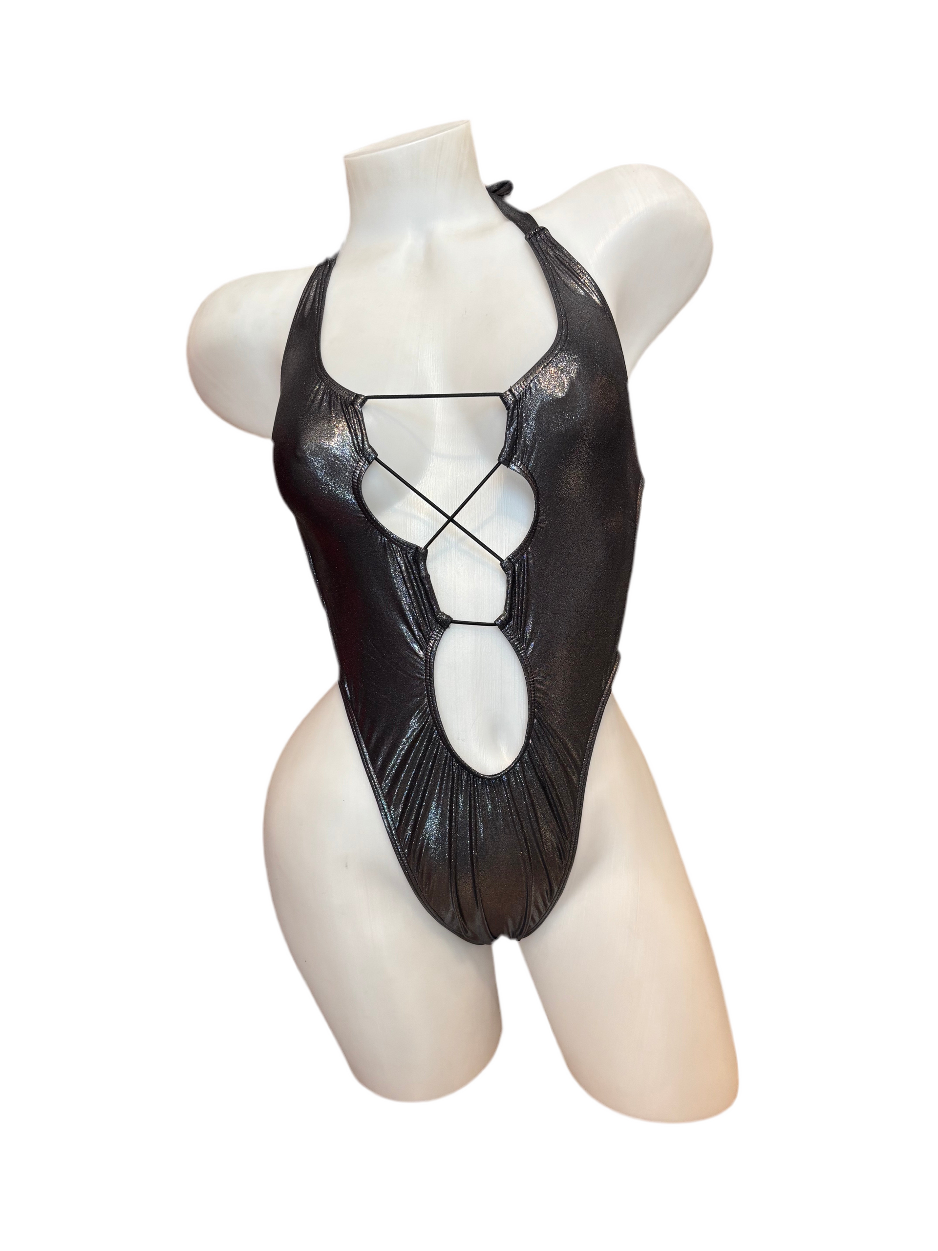 Front Lace Up Bodysuit - Holographic Black - Model Express Vancouver