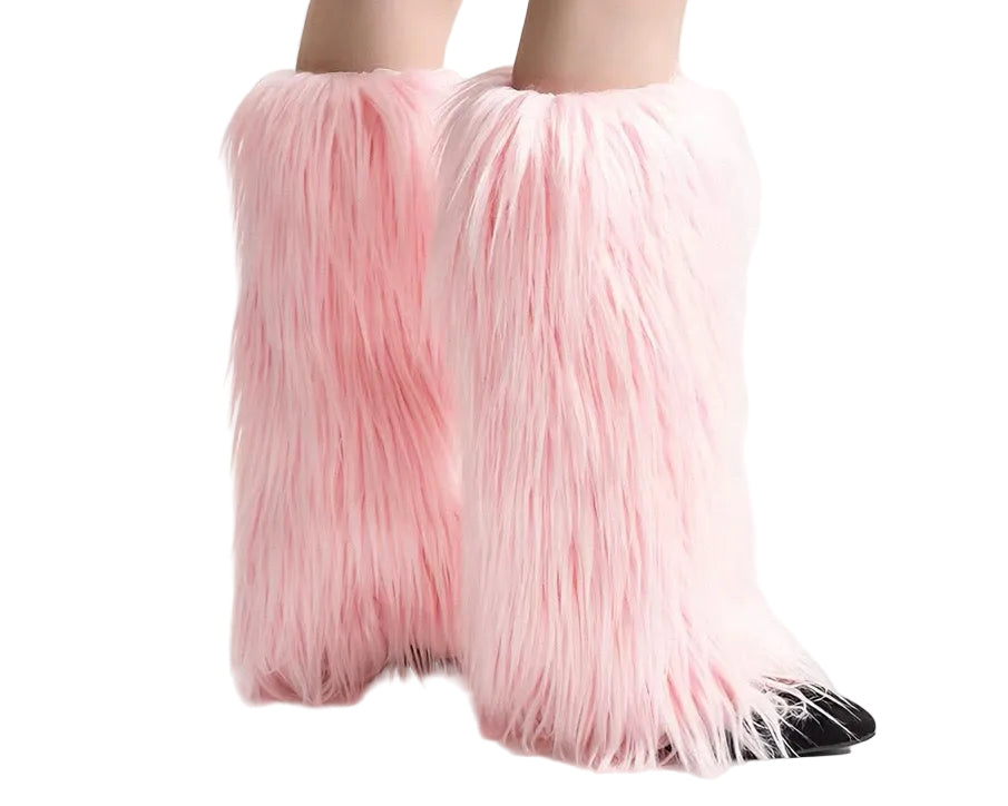 Demonia baby pink faux fur boot covers accessory shown on a white background with soft, fluffy texture and stylish design.