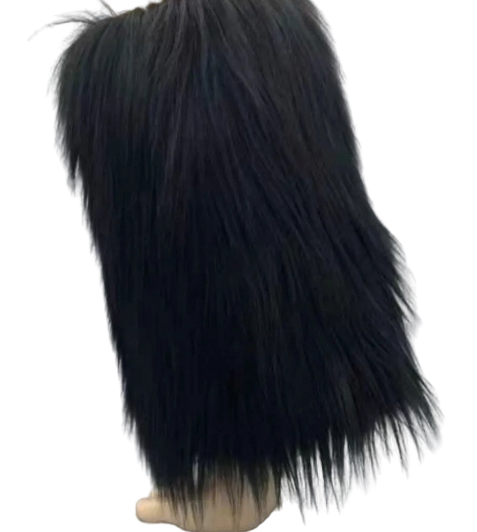 Demonia black faux fur boot covers worn over boots, showcasing cozy, plush accessories with a soft, textured appearance.