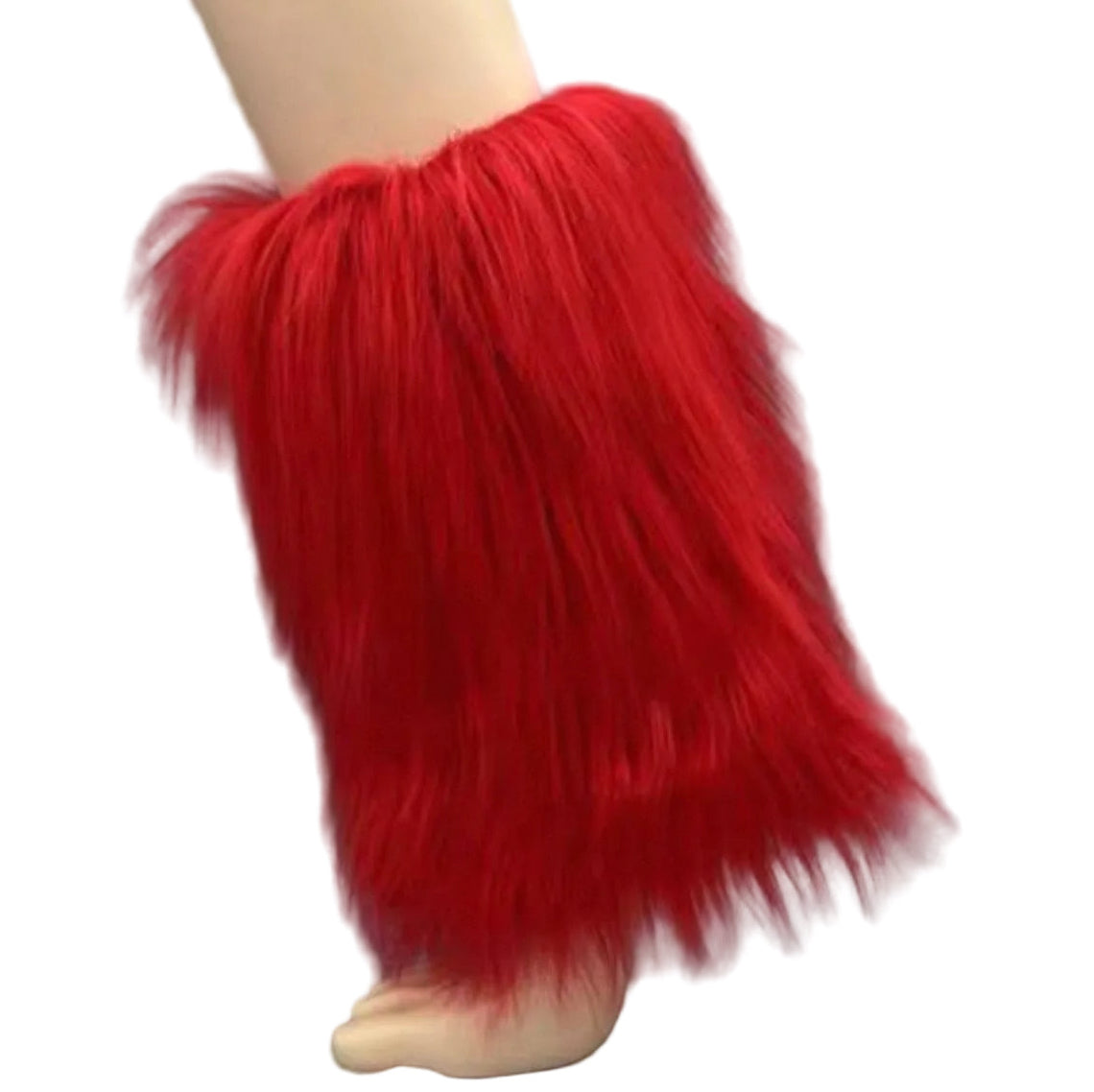 Red faux fur boot covers by Demonia, stylish accessories with soft, plush texture shown on full-length image.