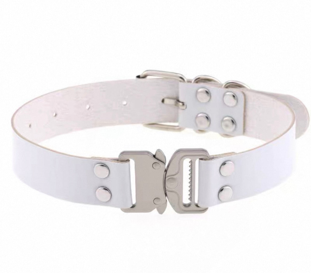 White buckle choker accessory by AXE, featuring a sleek design and adjustable strap for stylish wear.