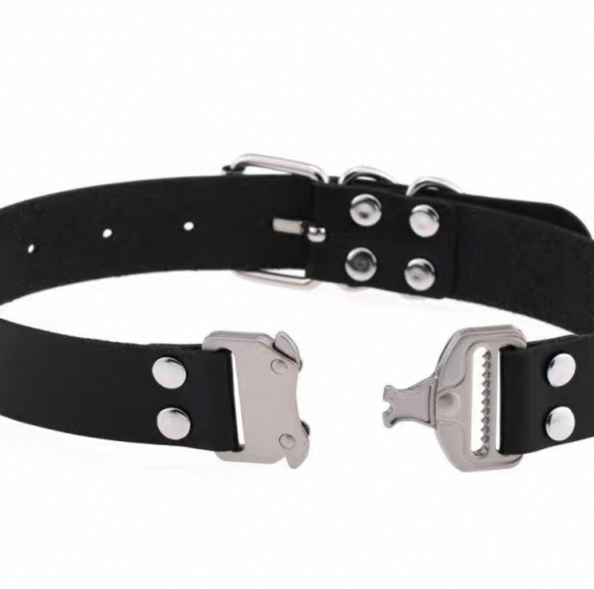 Black AXE buckle choker necklace with adjustable strap and metal buckle, stylish accessories for edgy fashion looks.