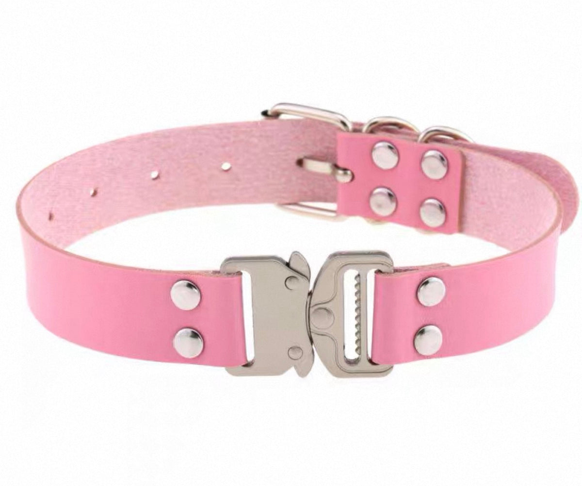 Pink buckle choker from AXE accessories with a sleek, adjustable design, featuring a metal buckle and smooth pink strap.