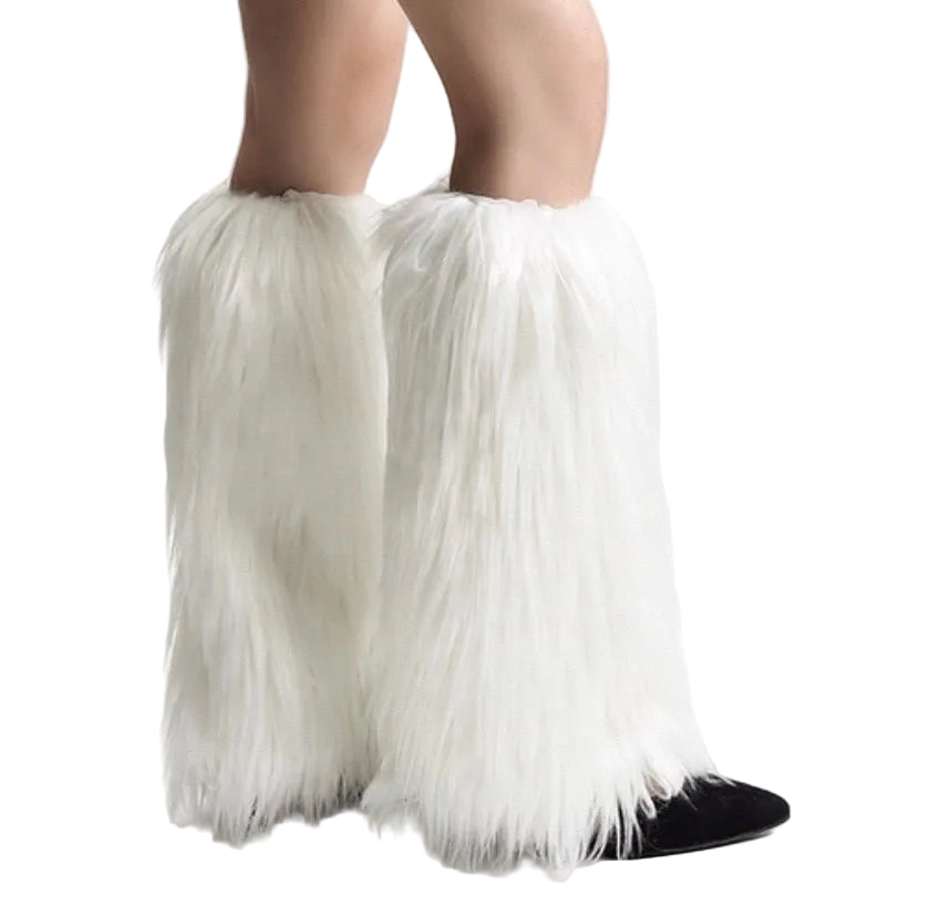 White faux fur boot covers from Demonia, stylish accessory with fluffy texture and full-length design for fashionable footwear.