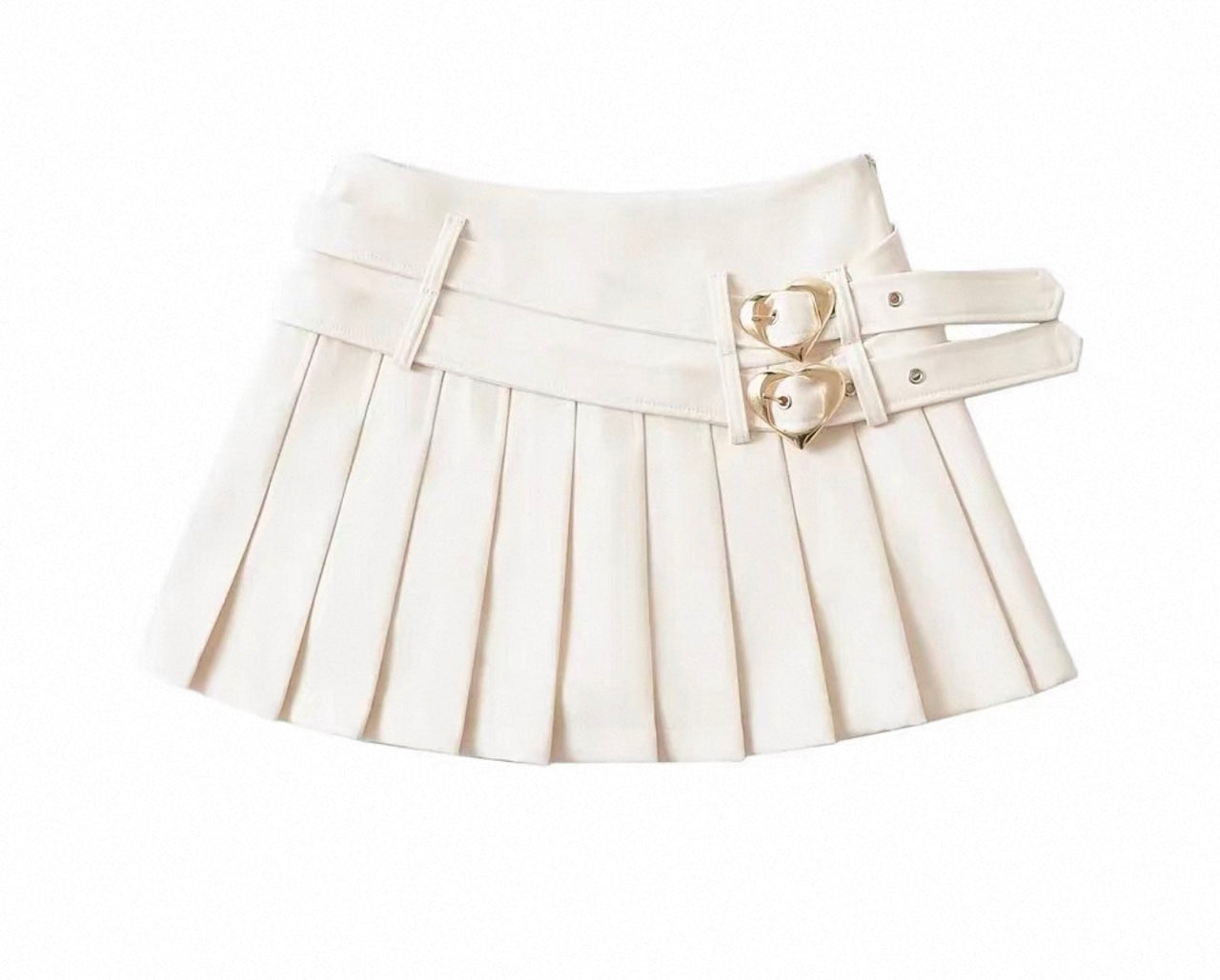 Pleated Mini Skirt with Heart Buckle Belt Beige - Model Express Vancouver