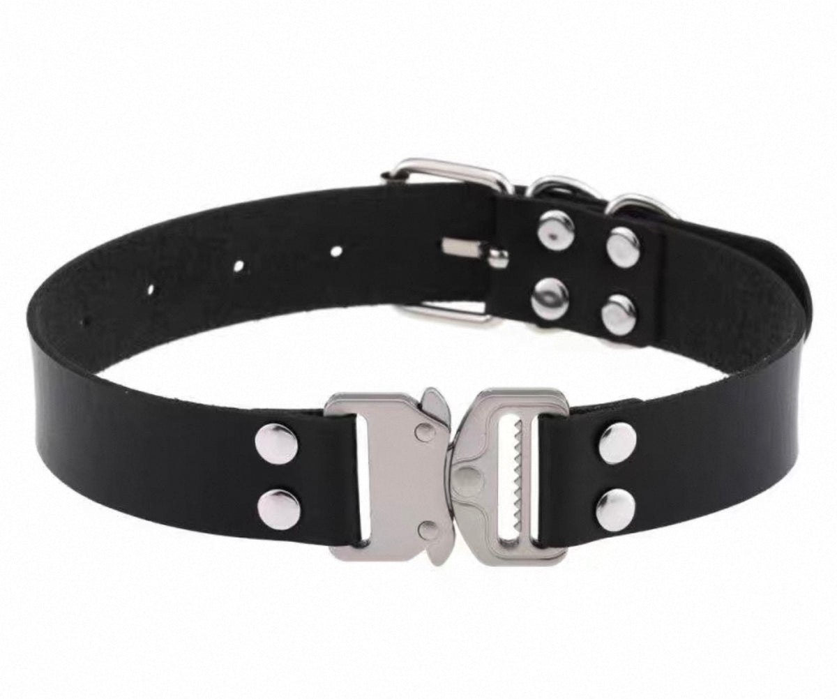 Black buckle choker necklace from AXE accessories, featuring a sleek design and adjustable strap on a model.