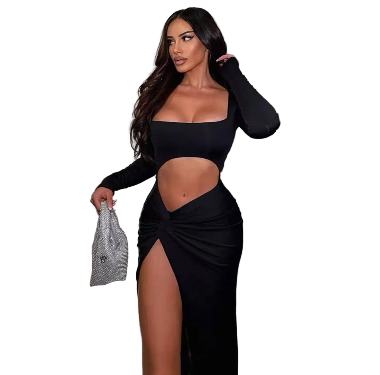 Long Sleeve Front Cut Out Dress Black