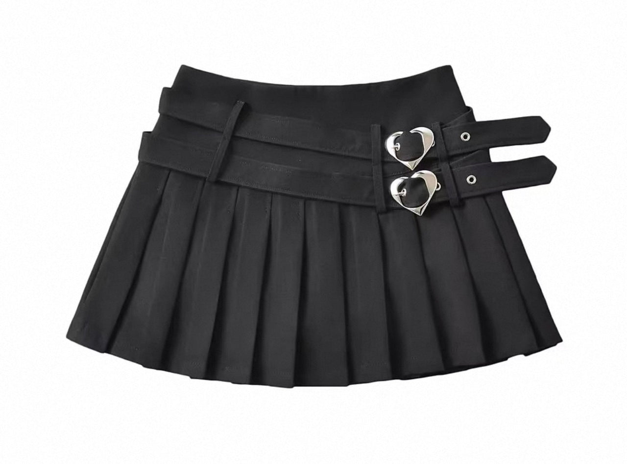 Pleated Mini Skirt with Heart Buckle Belt Black - Model Express Vancouver