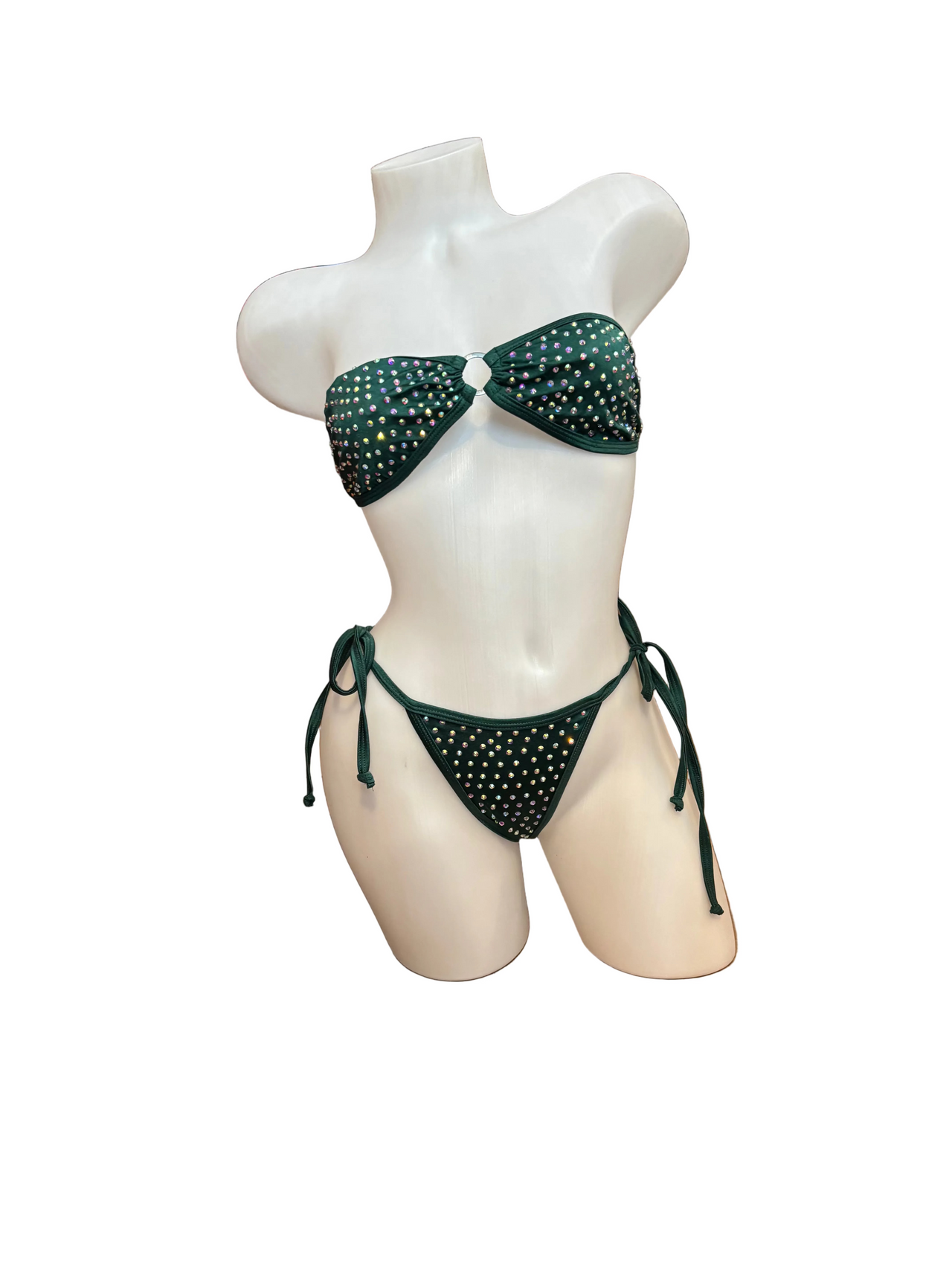 Rhinestone Tie Bandeau Bikini Forrest Green - Model Express Vancouver