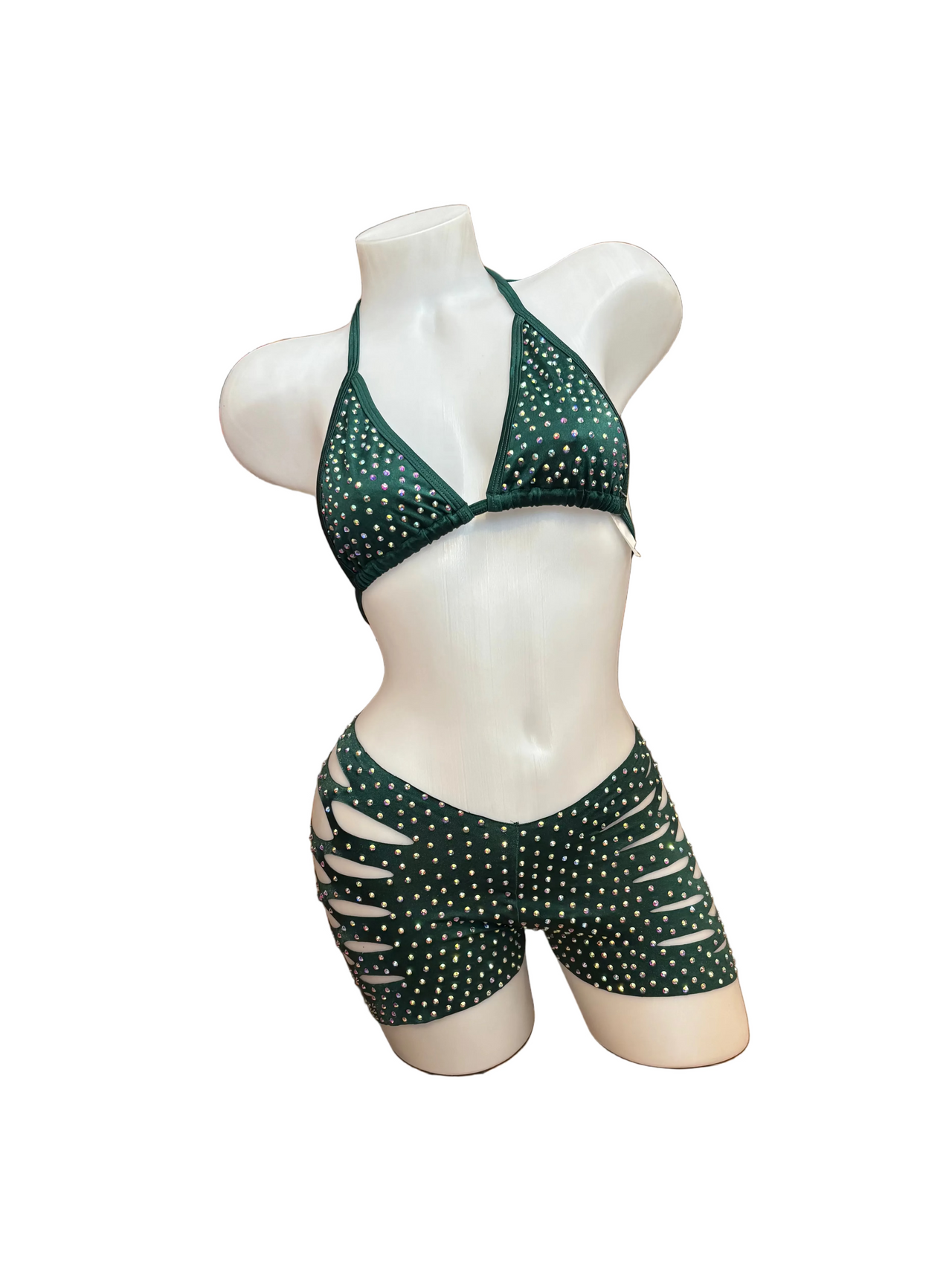 Rhinestone Triangle Top and Cut Out Short Set Forrest Green - Model Express Vancouver