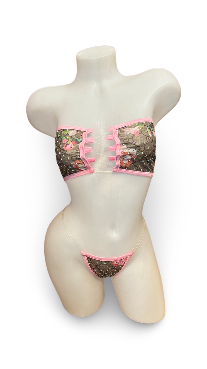 Rhinestone Bandeau Bikini - Pink Floral Design
