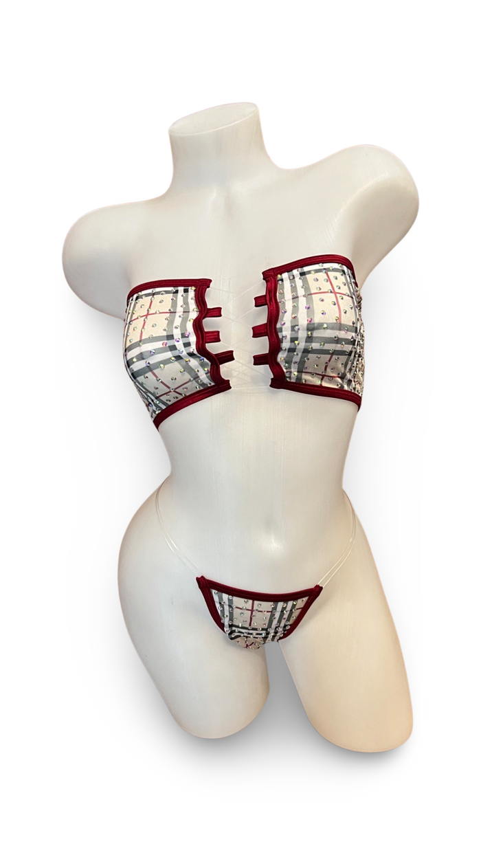 Rhinestone Bandeau Bikini - Red/Nude Design