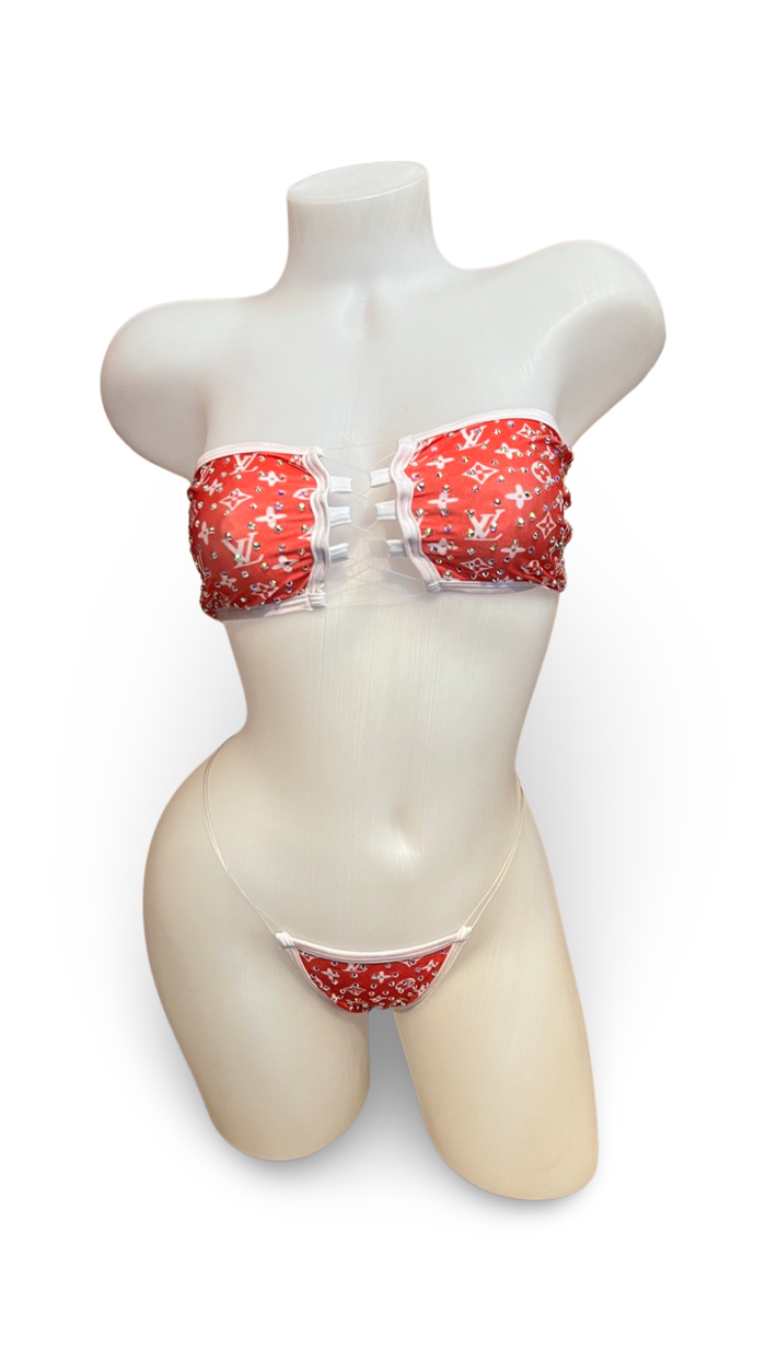 Rhinestone Bandeau Bikini - Red Design