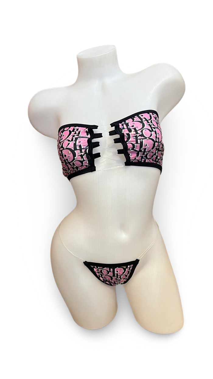 Rhinestone Bandeau Bikini - Pink/Black Design