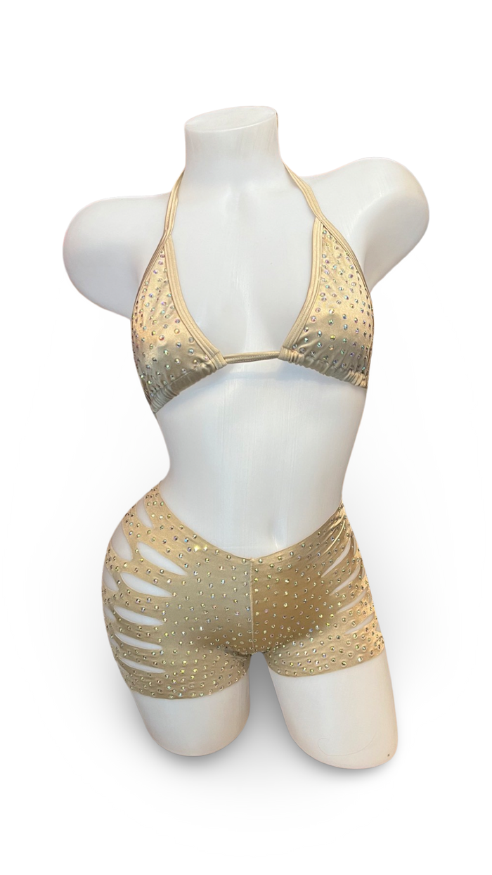Rhinestone Triangle Top and Cut Out Short Set Champagne