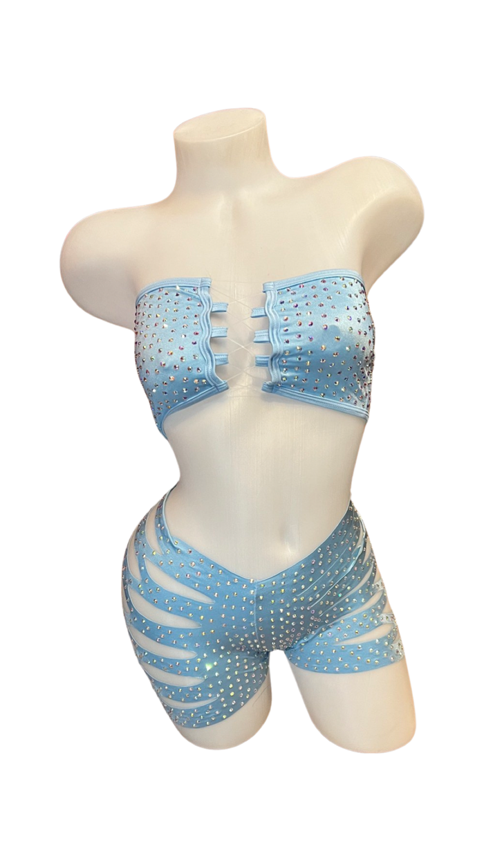 Rhinestone Bandeau Top and Cut Out Short Set Baby Blue