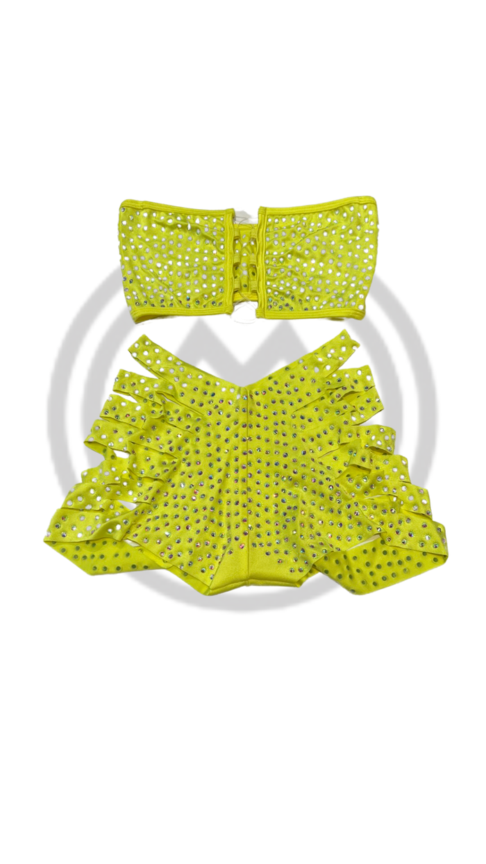 Rhinestone Bandeau Top and Cut Out Short Set Neon Yellow