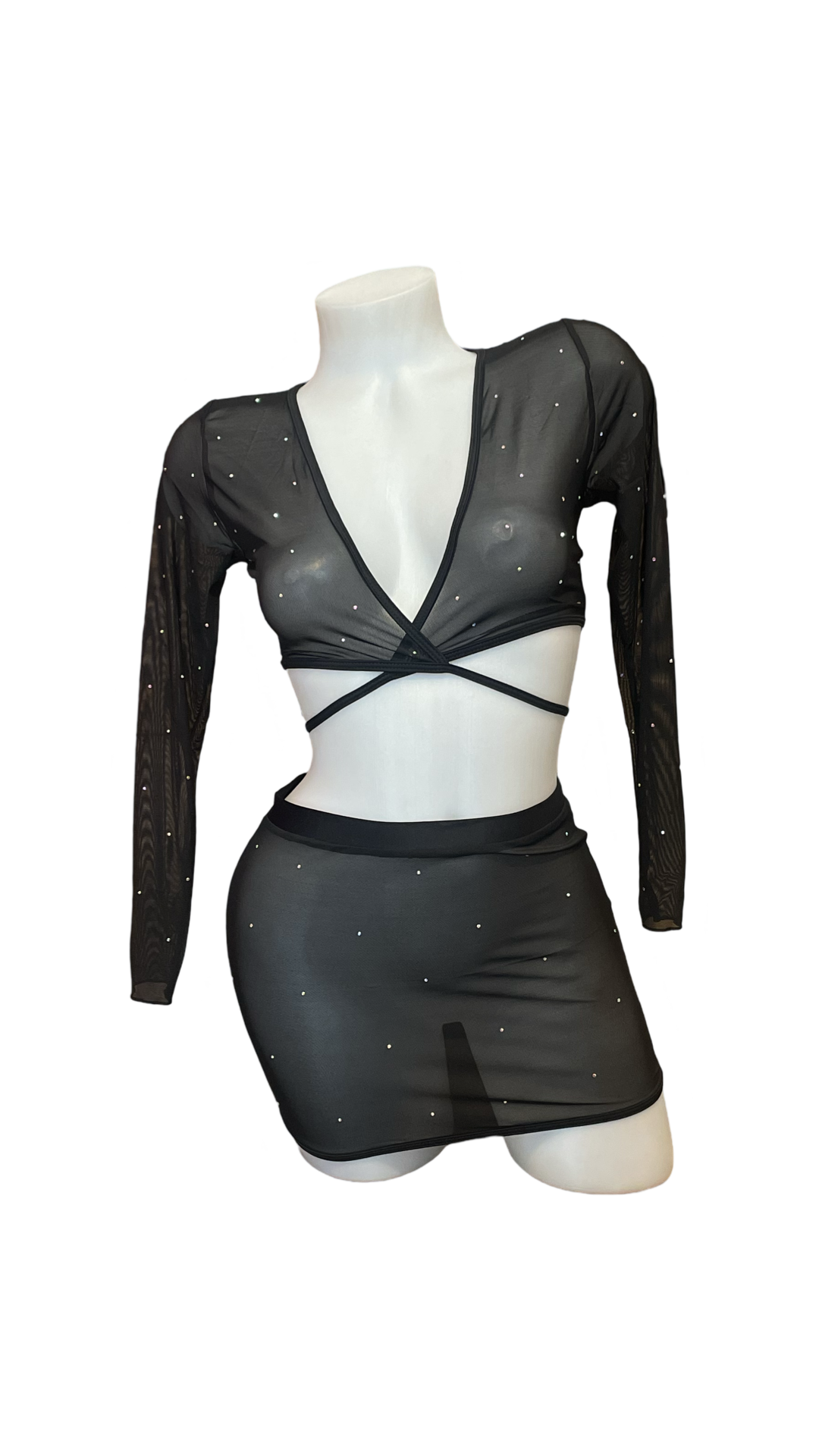 Crystal Mesh Wrap Top and Skirt Set Black