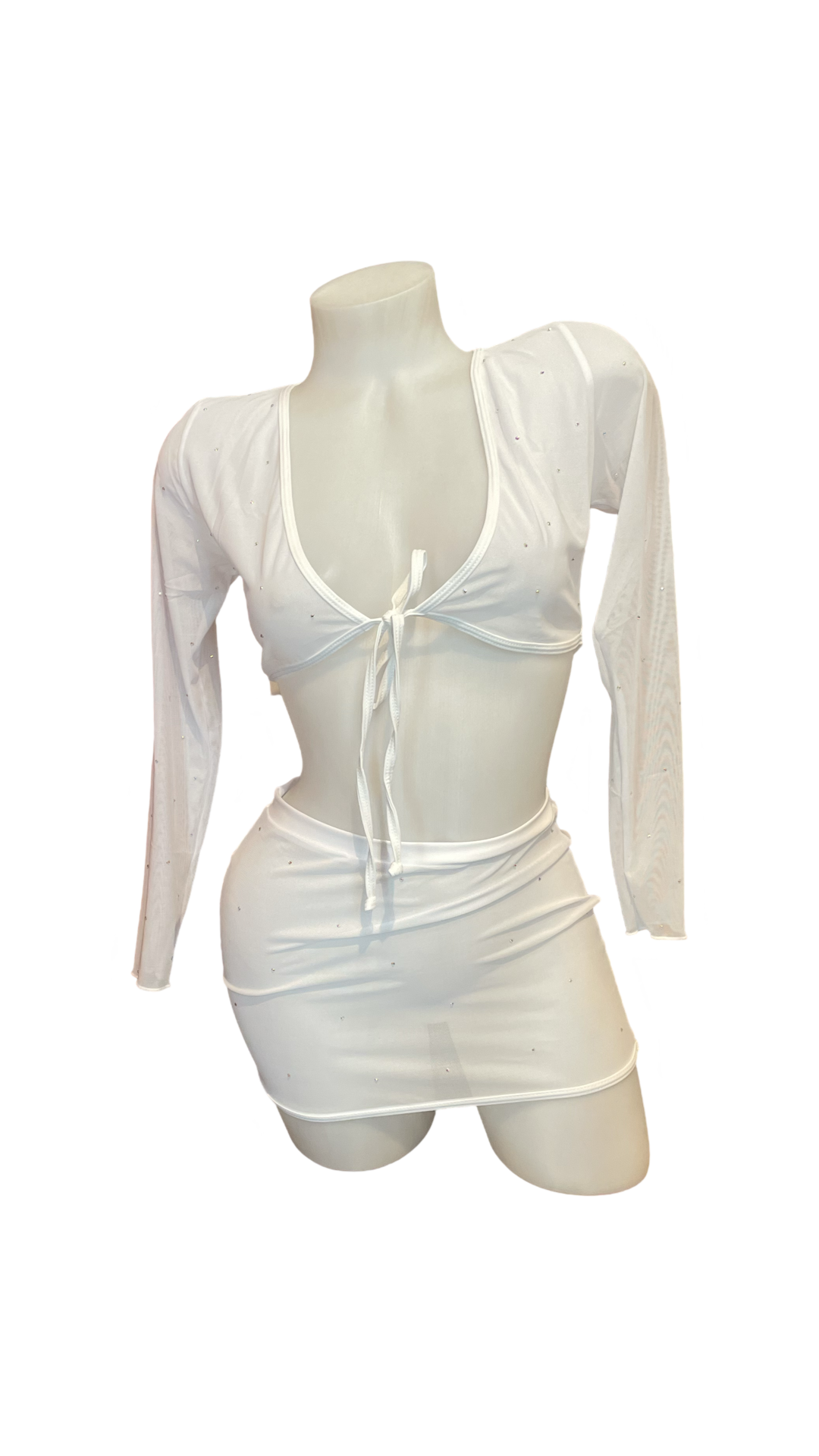 Crystal Mesh Wrap Top and Skirt Set White