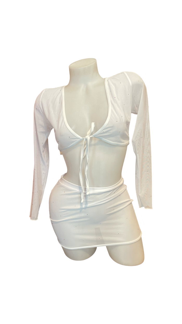 Crystal Mesh Wrap Top and Skirt Set White