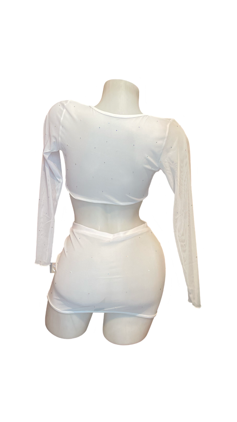 Crystal Mesh Wrap Top and Skirt Set White