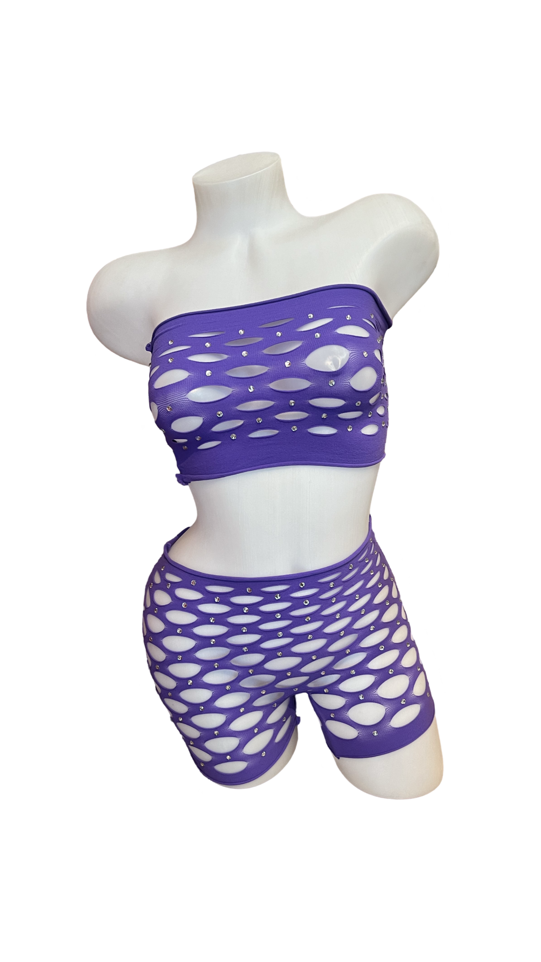 Rhinestone Pot Hole Bandeau and Short Set Purple